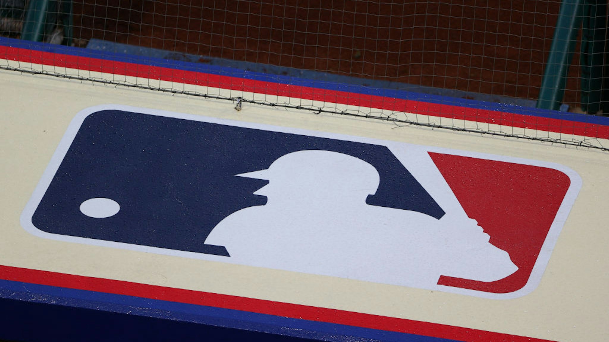 PHILADELPHIA, PA - AUGUST 31: A general view of the Major League Baseball logo atop the dugout logo during the Major League Baseball game between the Philadelphia Phillies and the Washington Nationals on August 31, 2020 at Citizens Bank Park in Philadelphia, PA. (Photo by Rich Graessle/Icon Sportswire via Getty Images)