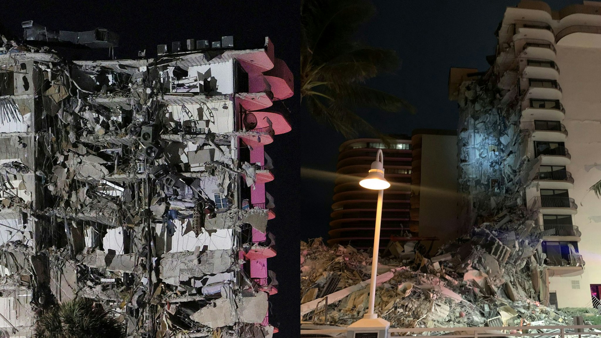 SURFSIDE, FLORIDA - JUNE 24: A portion of the 12-story condo tower crumbled to the ground following a partial collapse of the building on June 24, 2021 in Surfside, Florida. It is unknown at this time how many people were injured as search-and-rescue effort continues with rescue crews from across Miami-Dade and Broward counties.