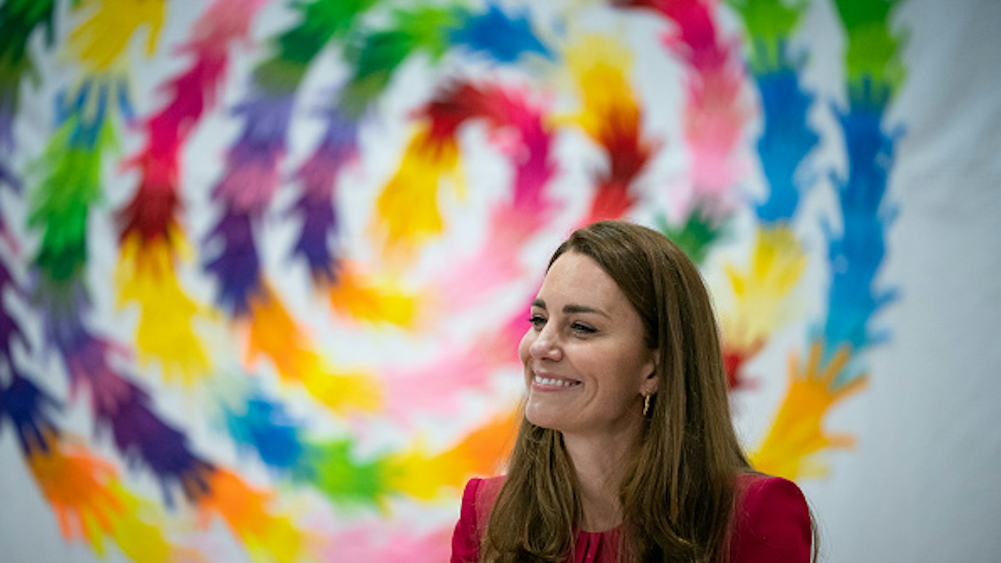 HAYLE, UNITED KINGDOM - JUNE 11: Catherine, Duchess of Cambridge participating in a roundtable discussion with a number of representatives from the early years sector who have been influential in the Duchess work in this space, during a visit to Connor Downs Academy, during the G7 summit in Cornwall on June 11, 2021 in Hayle, west Cornwall, England.