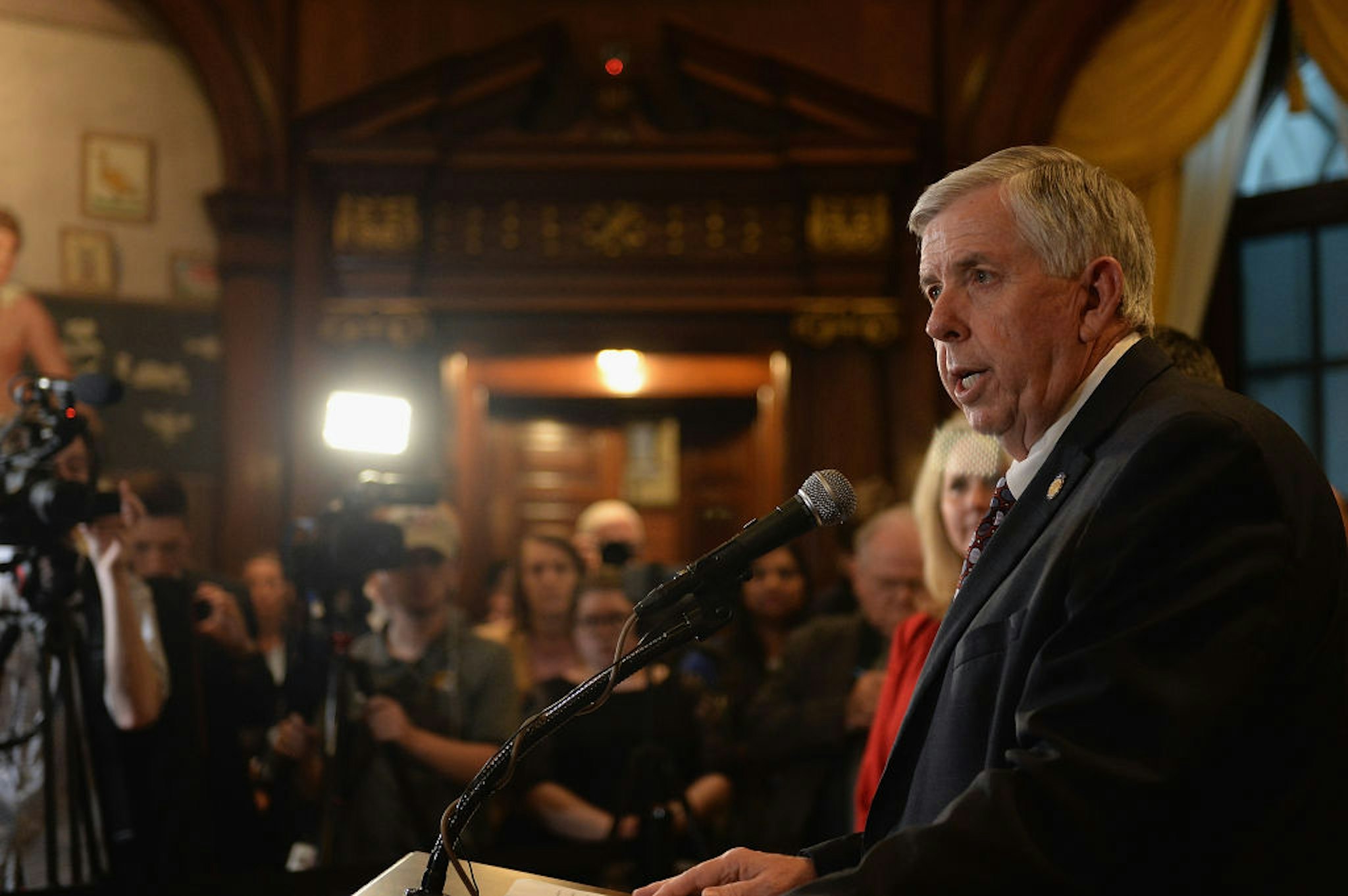 Missouri Governor Mike Parson addresses the media on the last day of legislative session at the Missouri State Capitol Building on May 17, 2019 in Jefferson City, Missouri. Tension and protest arose after the Missouri House of Representatives passed a bill to ban abortions after 8 weeks of pregnancy. (Photo by Michael B. Thomas/Getty Images)