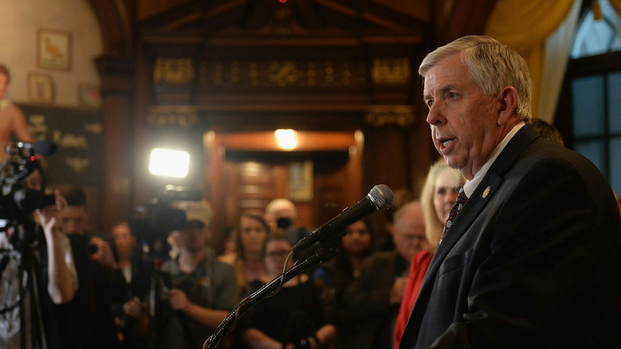 Missouri Governor Mike Parson addresses the media on the last day of legislative session at the Missouri State Capitol Building on May 17, 2019 in Jefferson City, Missouri. Tension and protest arose after the Missouri House of Representatives passed a bill to ban abortions after 8 weeks of pregnancy. (Photo by Michael B. Thomas/Getty Images)