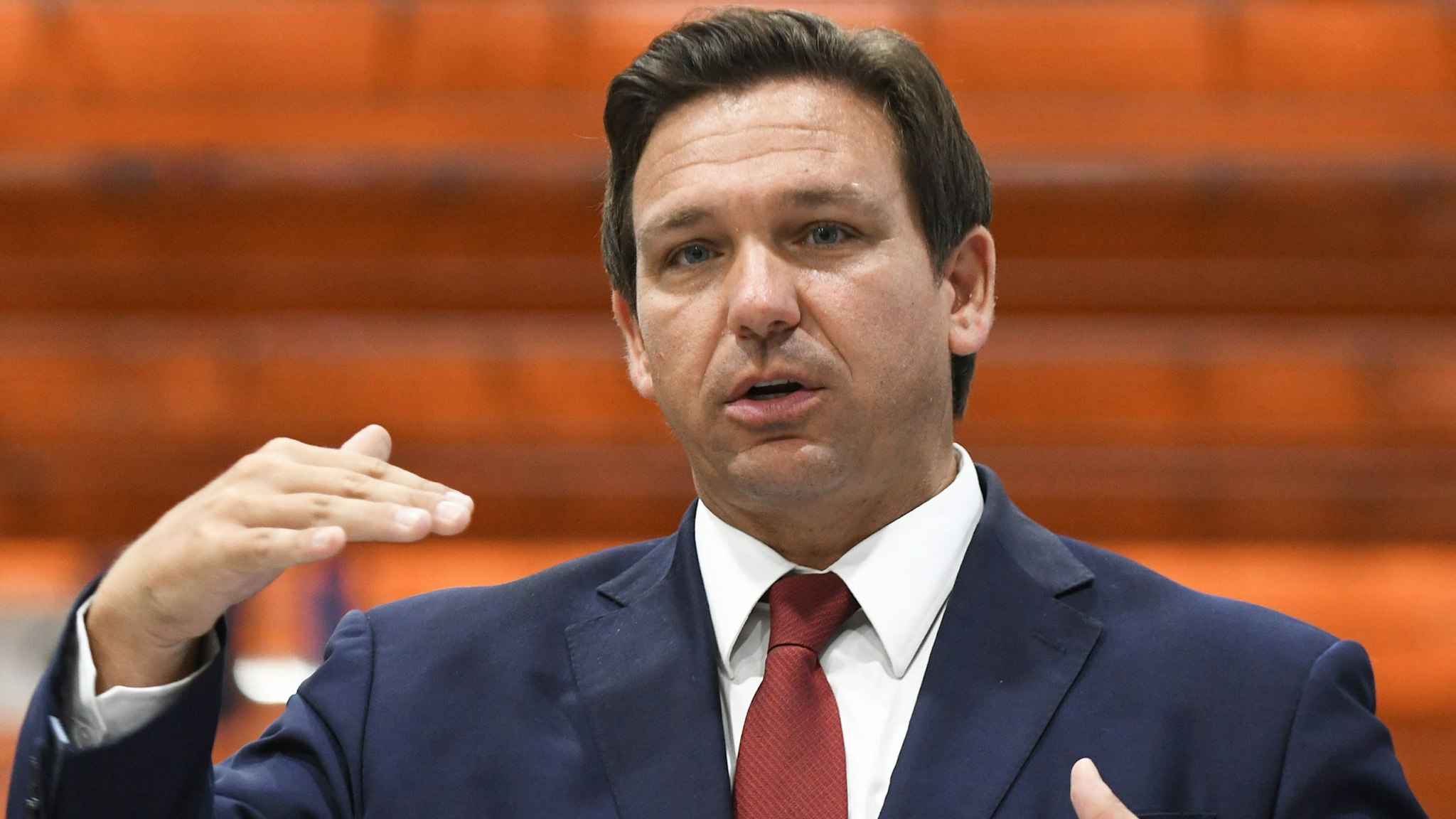 LAKELAND, FLORIDA, UNITED STATES - 2021/05/28: Florida Gov. Ron DeSantis speaks at a press conference at LifeScience Logistics to urge the Biden administration to approve Florida's plan to import prescription drugs from Canada, thereby saving Floridians an estimated $100 million annually on drug costs.