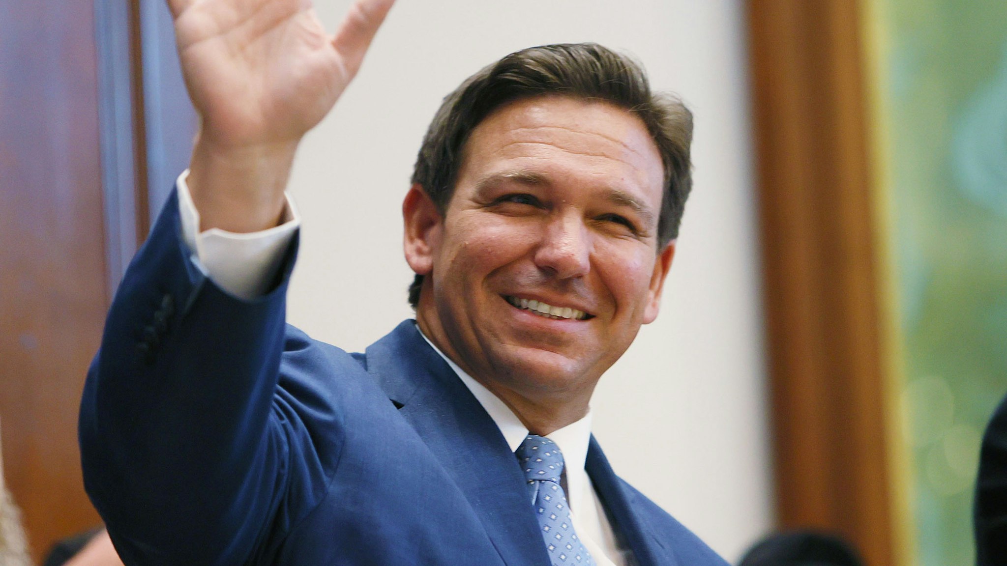 SURFSIDE, FLORIDA - JUNE 14: Florida Gov. Ron DeSantis arrives to speak during a press conference at the Shul of Bal Harbour on June 14, 2021 in Surfside, Florida. The governor spoke about the two bills he signed HB 529 and HB 805. HB 805 ensures that volunteer ambulance services, including Hatzalah, can operate. HB 529 requires Florida schools to hold a daily moment of silence.