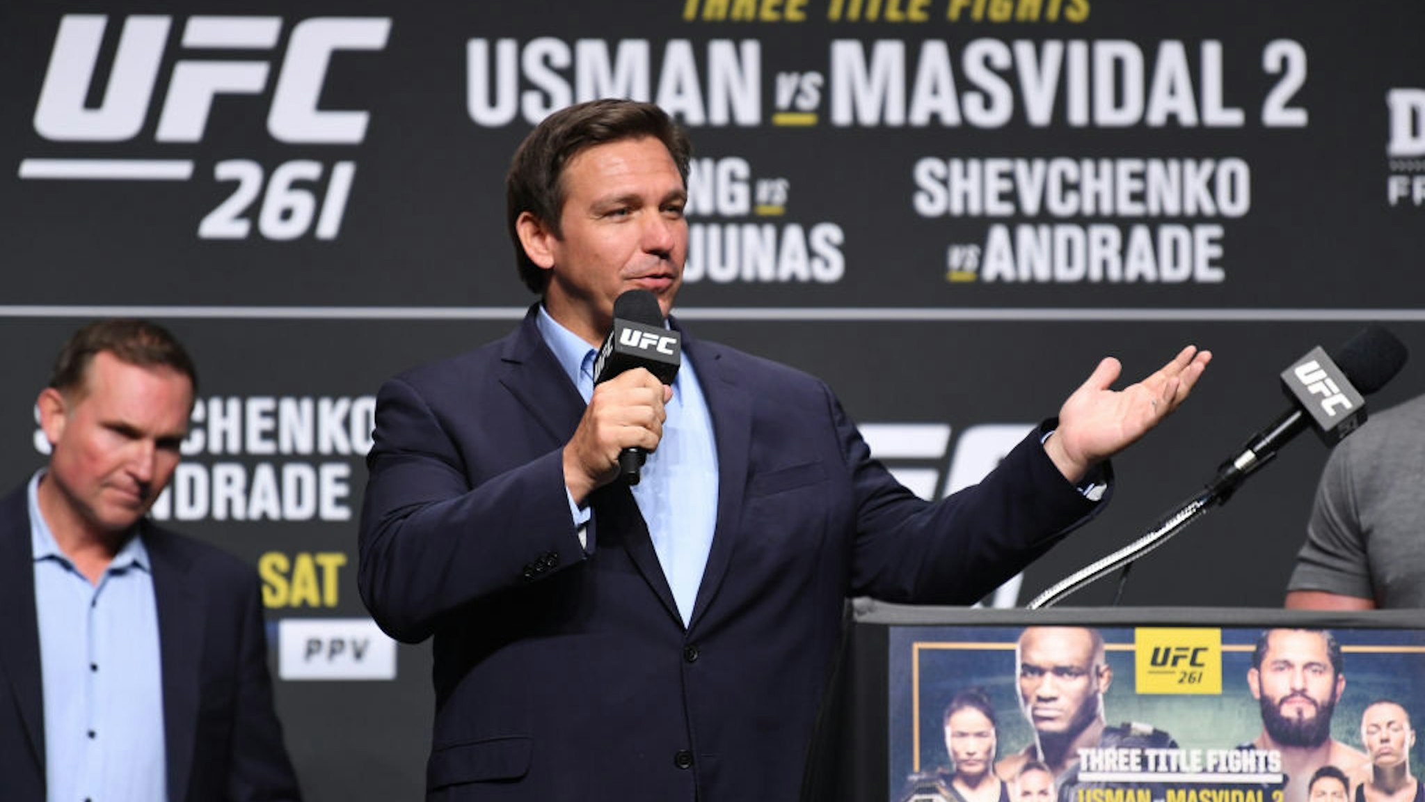 JACKSONVILLE, FLORIDA - APRIL 22: Florida Gov. Ron DeSantis interacts with media during the UFC 261 press conference at VyStar Veterans Memorial Arena on April 22, 2021 in Jacksonville, Florida. (Photo by Josh Hedges/Zuffa LLC)