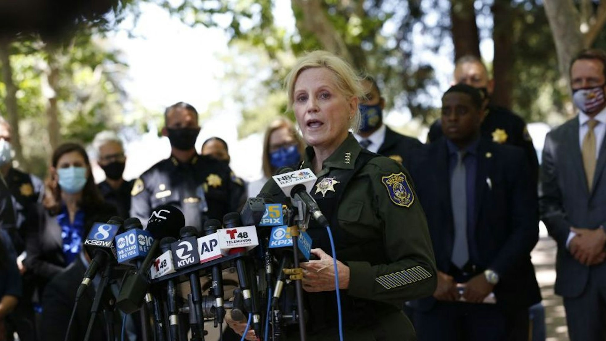 Santa Clara County Sheriff Laurie Smith speaks during a news conference regarding the San Jose rail yard shooting in San Jose, California on,May 26, 2021. - The suspect in a mass shooting that killed eight people at a California rail yard May 26, 2021 took his own life as law enforcement arrived at the scene, the local sheriff said. Several other victims suffered injuries in the attack at a train maintenance compound in San Jose, just south of San Francisco.