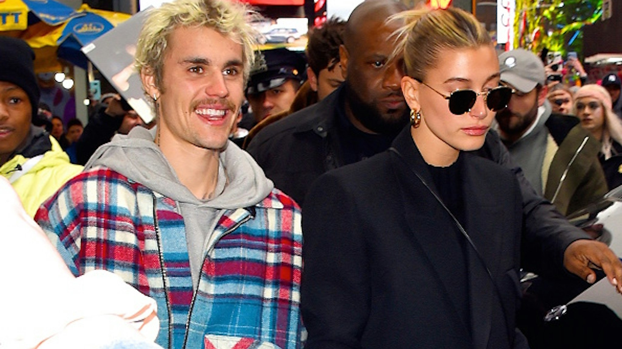 NEW YORK, NY - FEBRUARY 07: Justin Bieber and Hailey Bieber are seen in Times Square on February 7, 2020 in New York City.