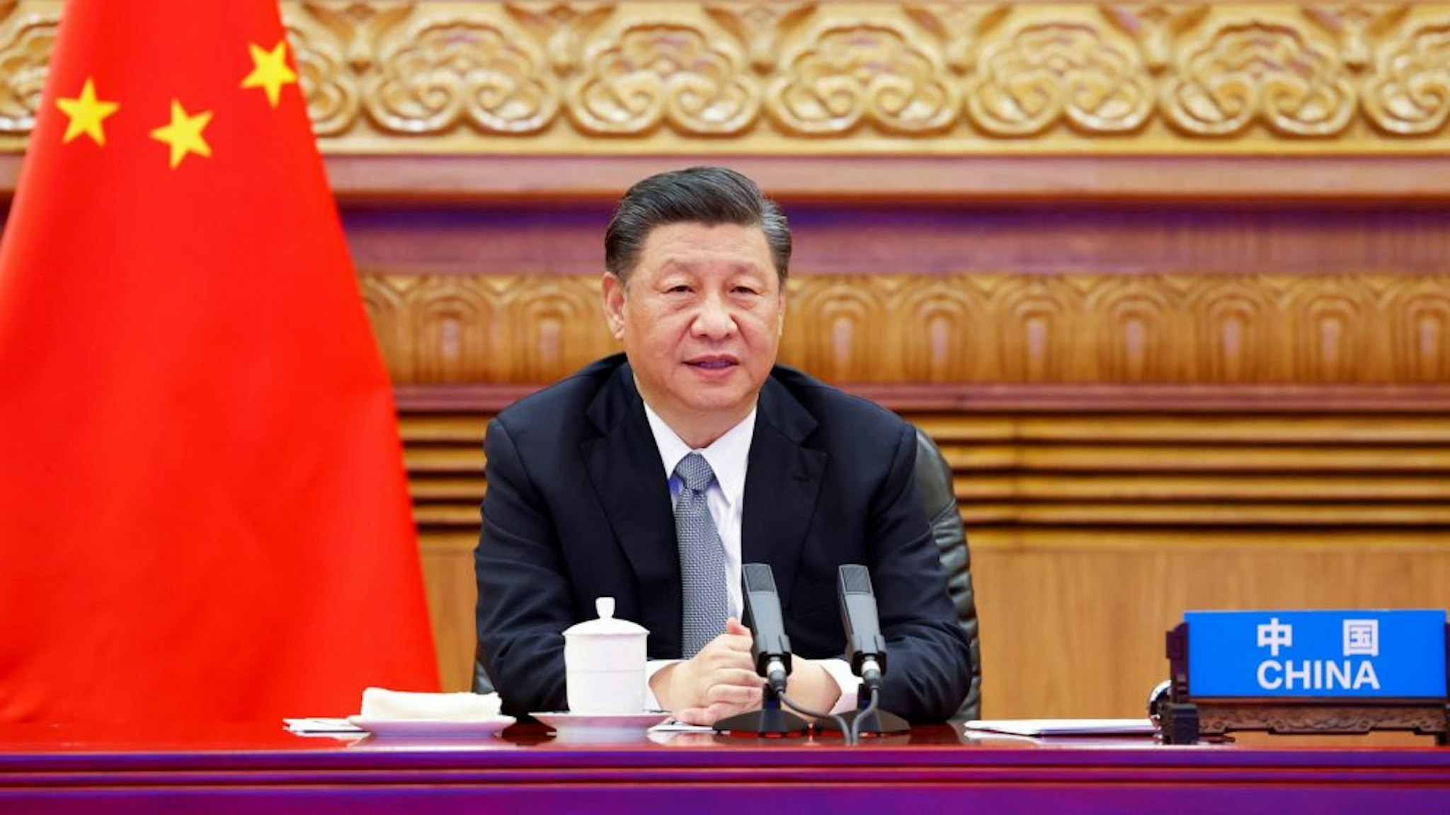 BEIJING, April 22, 2021: At the invitation of U.S. President Joe Biden, Chinese President Xi Jinping attends the Leaders Summit on Climate via video link and delivers an important speech titled "For Man and Nature: Building a Community of Life Together" in Beijing, capital of China, April 22, 2021.