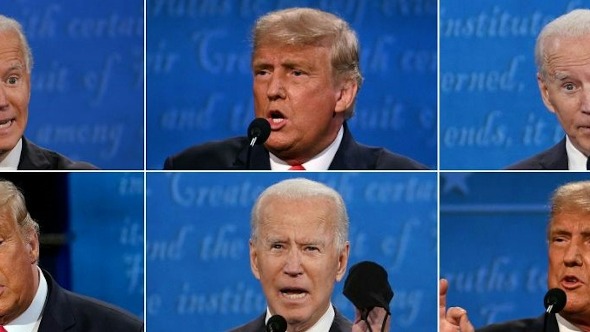 TOPSHOT - (COMBO) This combination of pictures created on October 22, 2020 shows US President Donald Trump and Democratic Presidential candidate and former US Vice President Joe Biden during the final presidential debate at Belmont University in Nashville, Tennessee, on October 22, 2020. (Photos by various sources / AFP) (Photo by