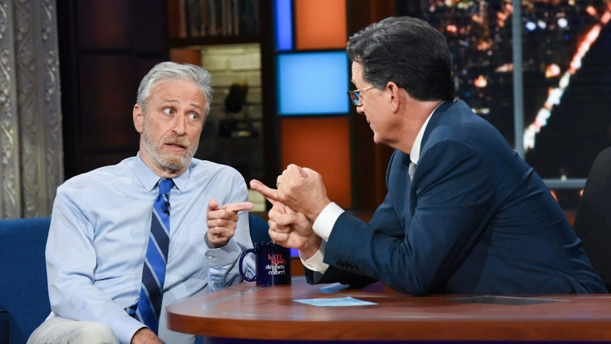 NEW YORK - JUNE 14: The Late Show with Stephen Colbert and guest Jon Stewart during Mondays June 14, 2021 show. (Photo by