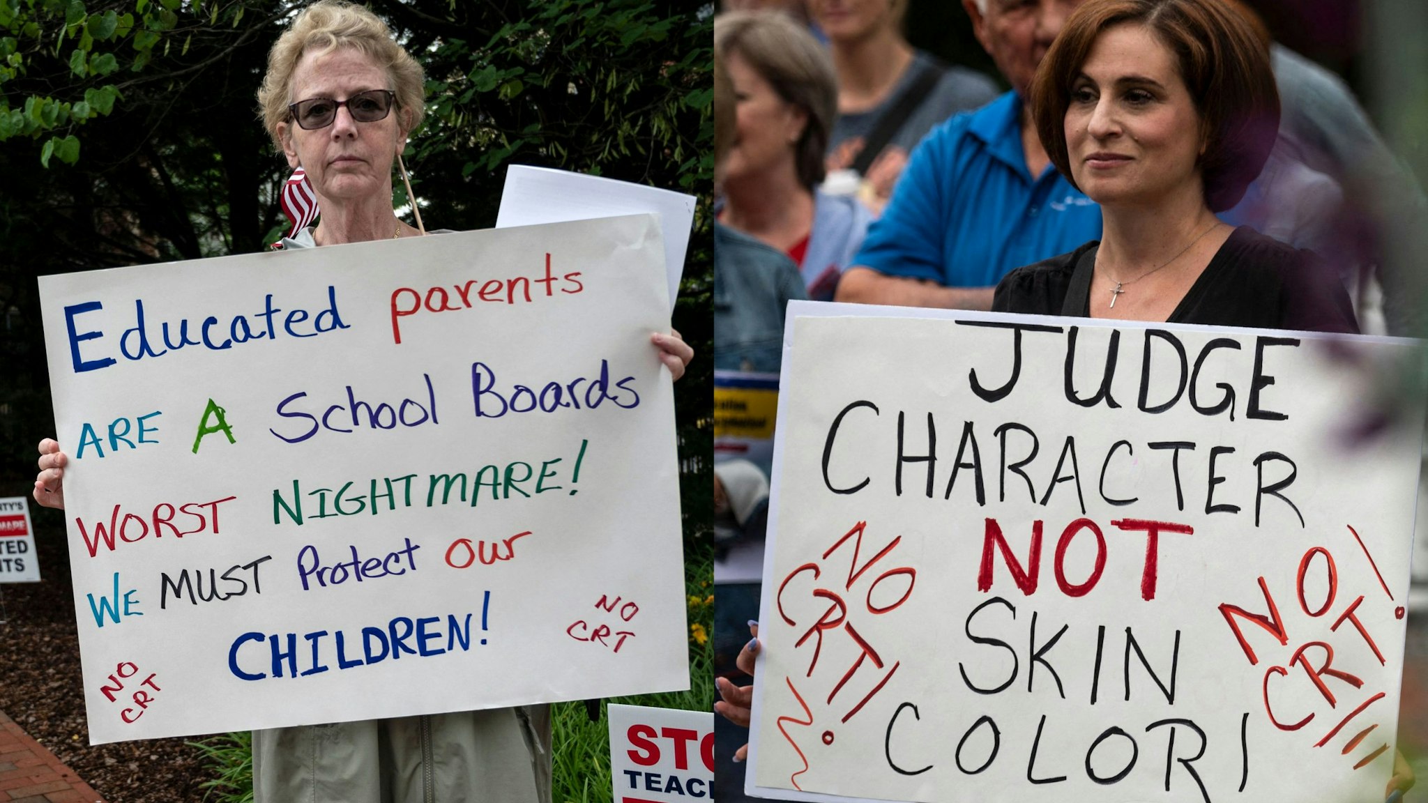 People hold up signs during a rally against "critical race theory" (CRT) being taught in schools at the Loudoun County Government center in Leesburg, Virginia on June 12, 2021. - "Are you ready to take back our schools?" Republican activist Patti Menders shouted at a rally opposing anti-racism teaching that critics like her say trains white children to see themselves as "oppressors." "Yes!", answered in unison the hundreds of demonstrators gathered this weekend near Washington to fight against "critical race theory," the latest battleground of America's ongoing culture wars. The term "critical race theory" defines a strand of thought that appeared in American law schools in the late 1970s and which looks at racism as a system, enabled by laws and institutions, rather than at the level of individual prejudices. But critics use it as a catch-all phrase that attacks teachers' efforts to confront dark episodes in American history, including slavery and segregation, as well as to tackle racist stereotypes.