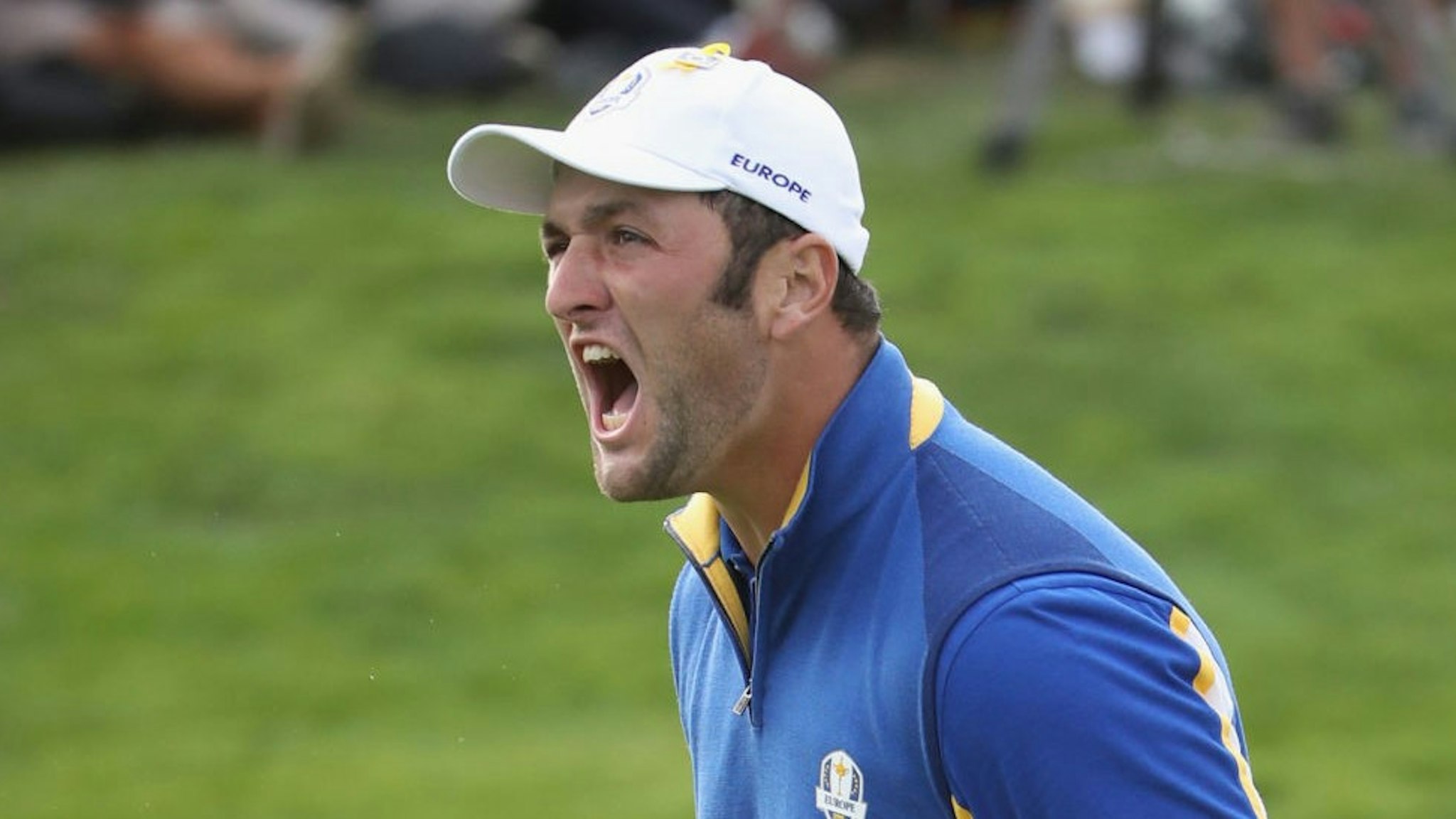 PARIS, FRANCE - SEPTEMBER 30: Jon Rahm of Europe celebrates winning his match on the 17th during singles matches of the 2018 Ryder Cup at Le Golf National on September 30, 2018 in Paris, France. (Photo by