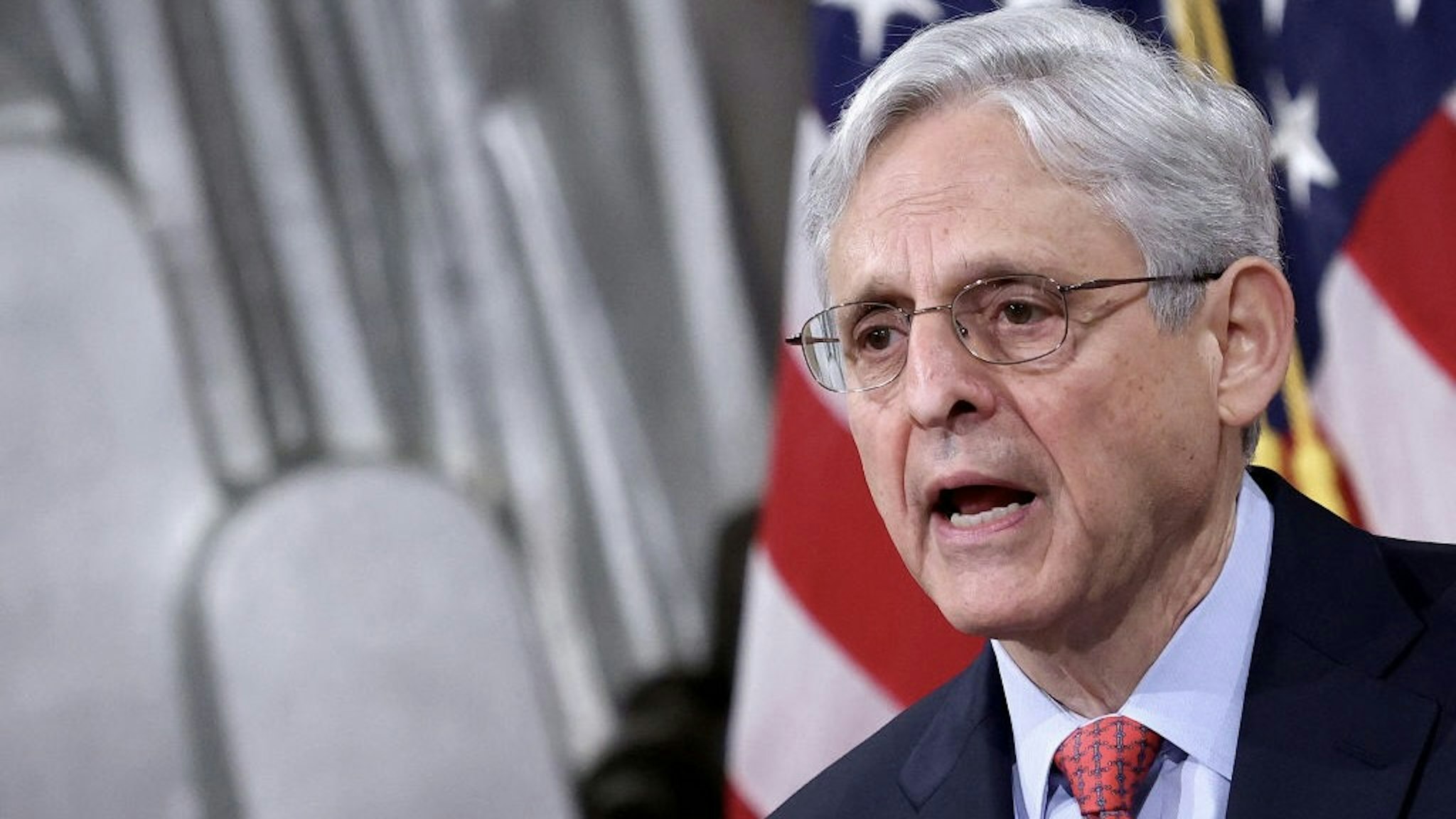 US-JUSTICE-GARLAND US Attorney General Merrick Garland speaks during an event at the Justice Department on June 15, 2021 in Washington, DC. - Garland addressed domestic terrorism during his remarks. (Photo by Win McNamee / POOL / AFP) (Photo by WIN MCNAMEE/POOL/AFP via Getty Images) WIN MCNAMEE / Contributor via Getty Images