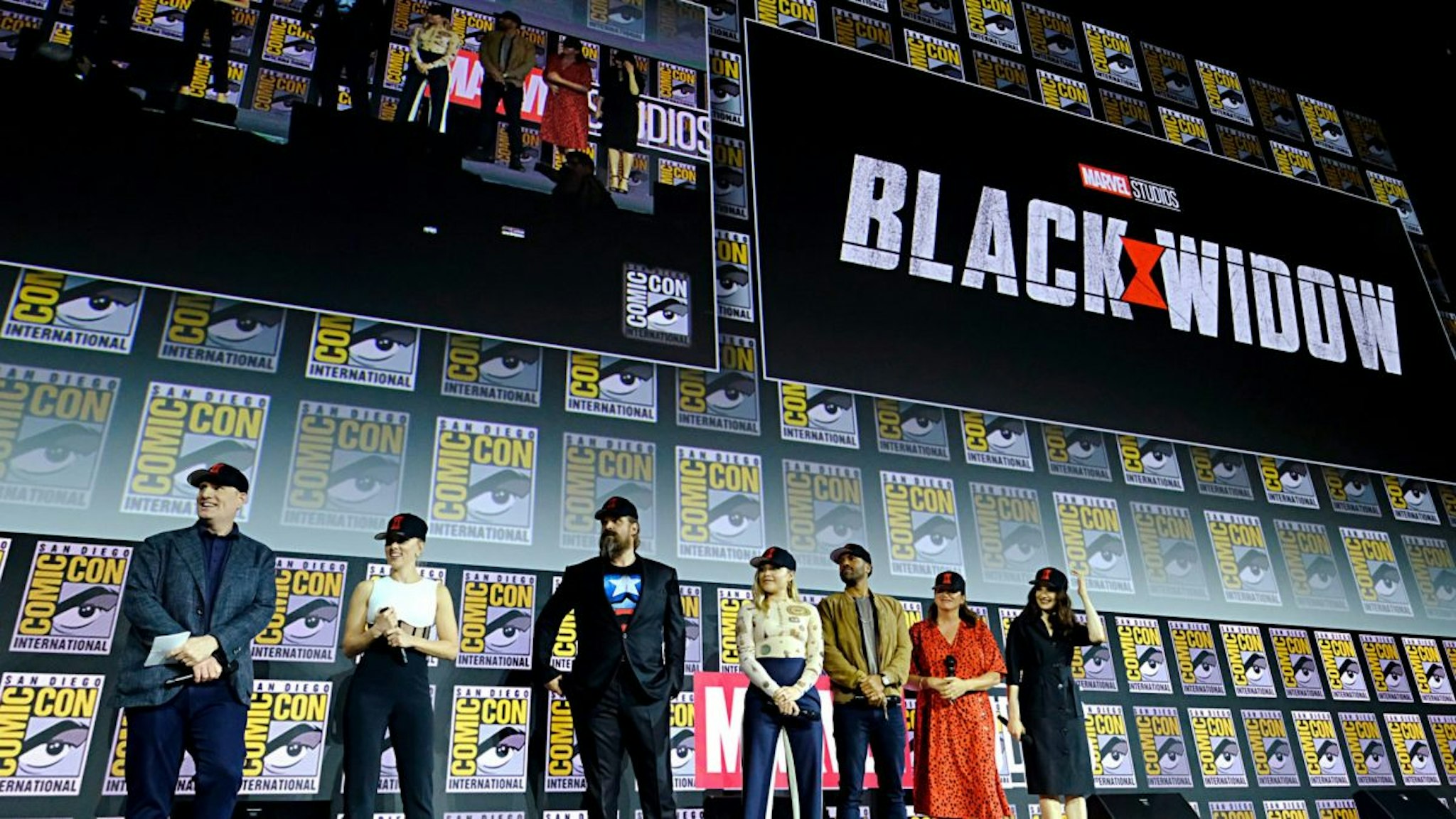 President of Marvel Studios Kevin Feige, Scarlett Johansson, David Harbour, Florence Pugh, O-T Fagbenle, Director Cate Shortland and Rachel Weisz of Marvel Studios' 'Black Widow' at the San Diego Comic-Con International 2019 Marvel Studios Panel in Hall H on July 20, 2019 in San Diego, California.