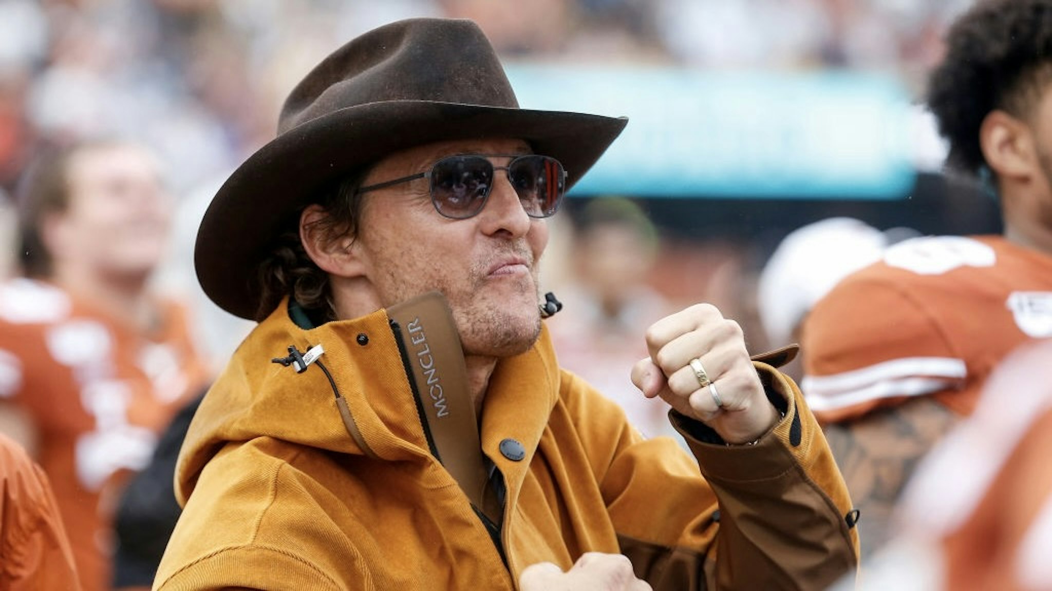 Texas Tech v Texas AUSTIN, TX - NOVEMBER 29: Actor Matthew McConaughey celebrates on the Texas Longhorns sideline in the second half against the Texas Tech Red Raiders at Darrell K Royal-Texas Memorial Stadium on November 29, 2019 in Austin, Texas. (Photo by Tim Warner/Getty Images) Tim Warner / Stringer via Getty Images