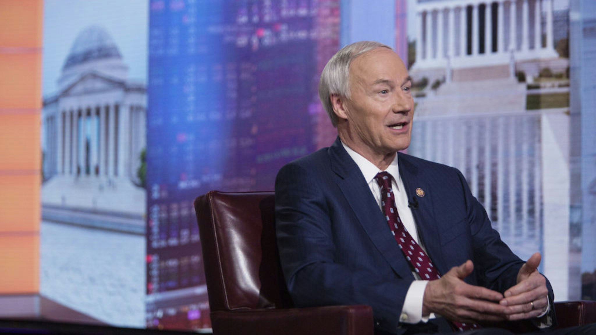 Asa Hutchinson, governor of Arkansas, speaks during a Bloomberg Television interview in New York, U.S., on Tuesday, May 28, 2019. Hutchinson discussed what Arkansas is doing to brace for more severe flooding in the state.