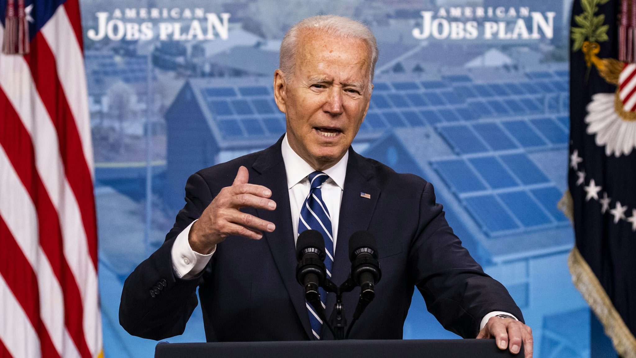 U.S. President Joe Biden speaks in the Eisenhower Executive Office Building in Washington, D.C., U.S., on Friday, July 2, 2021. U.S. job growth accelerated in June, suggesting firms are having greater success recruiting workers to keep pace with the broadening of economic activity.
