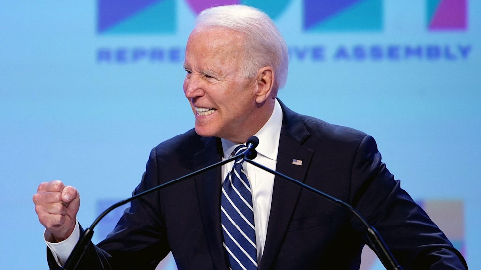 US President Joe Biden addresses the National Education Association's Annual Meeting and Representative Assembly in the Walter E. Washington Convention Center in Washington, DC on July 2, 2021.