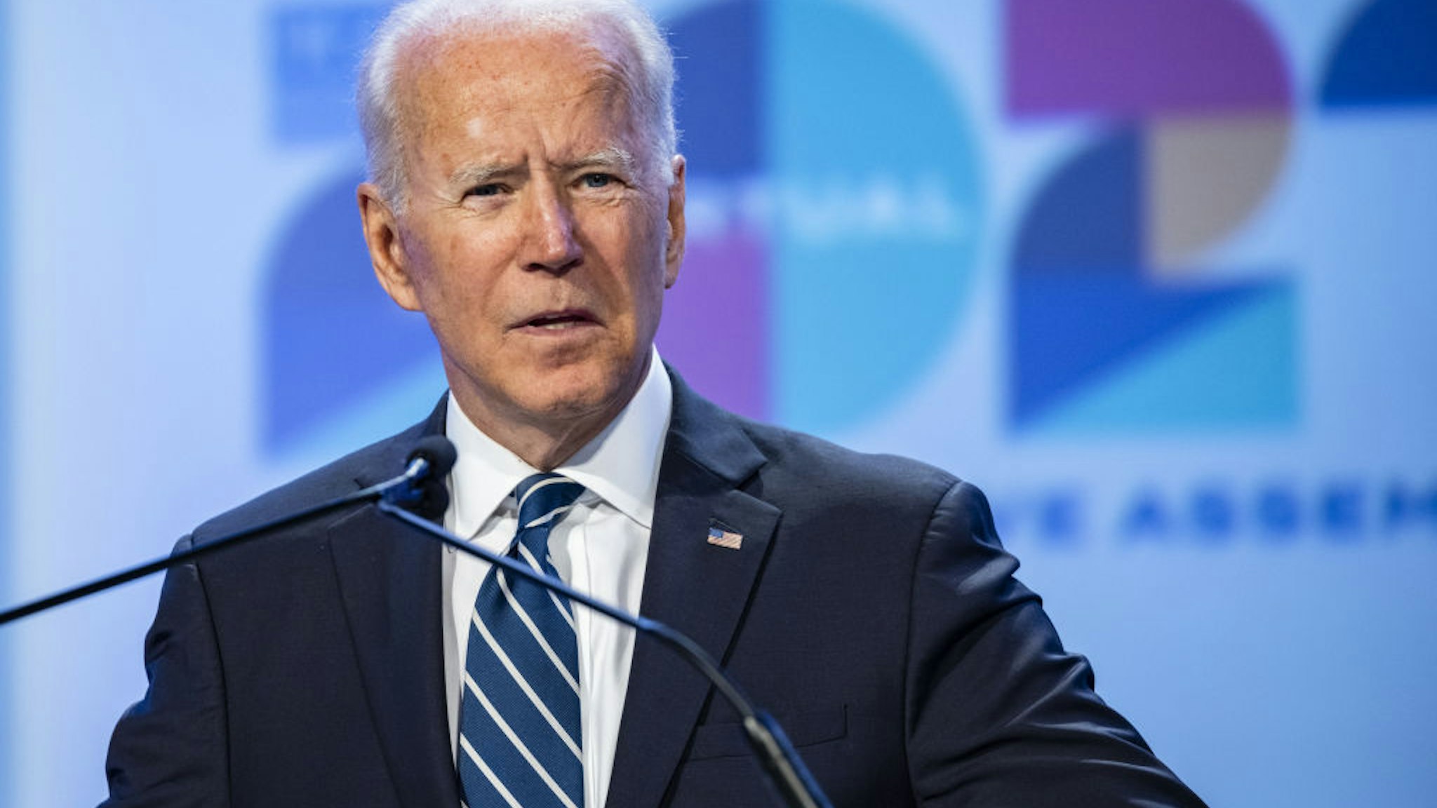 U.S. President Joe Biden speaks during the National Education Association's annual meeting and representative assembly event in Washington, D.C., U.S., on Friday, July 2, 2021. U.S. job growth accelerated in June, suggesting firms are having greater success recruiting workers to keep pace with the broadening of economic activity.