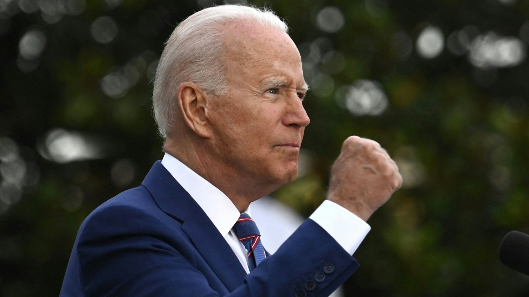 US President Joe Biden gestures as he speaks during Independence Day celebrations on the South Lawn of the White House in Washington, DC, July 4, 2021.