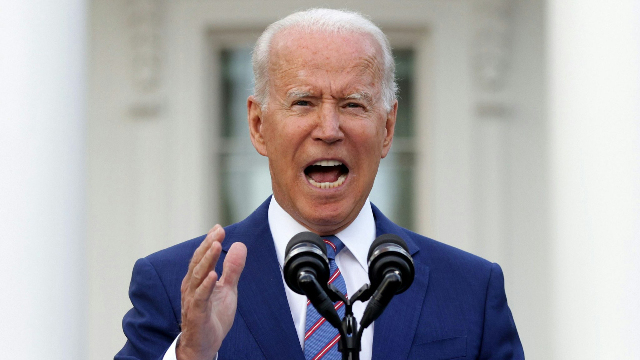 WASHINGTON, DC - JULY 04: U.S. President Joe Biden speaks during a Fourth of July BBQ event to celebrate Independence Day at the South Lawn of the White House July 4, 2021 in Washington, DC. President Biden and first lady Jill Biden hosted about 1,000 guests, including COVID response essential workers and military families, to celebrate the nation’s 245th birthday.