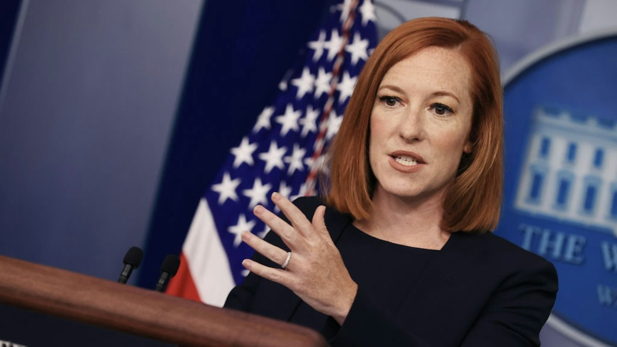 Press Secretary Psaki Briefs White House Media WASHINGTON, DC - JULY 12: White House Press Secretary Jen Psaki holds news conference with reporters in the Brady Press Briefing Room at the White House on July 12, 2021 in Washington, DC. Psaki was asked about anti-government protests in Cuba, the assassination of the Haitian president and ongoing work to vaccinate people against COVID-19. (Photo by Chip Somodevilla/Getty Images) Chip Somodevilla / Staff via Getty Images