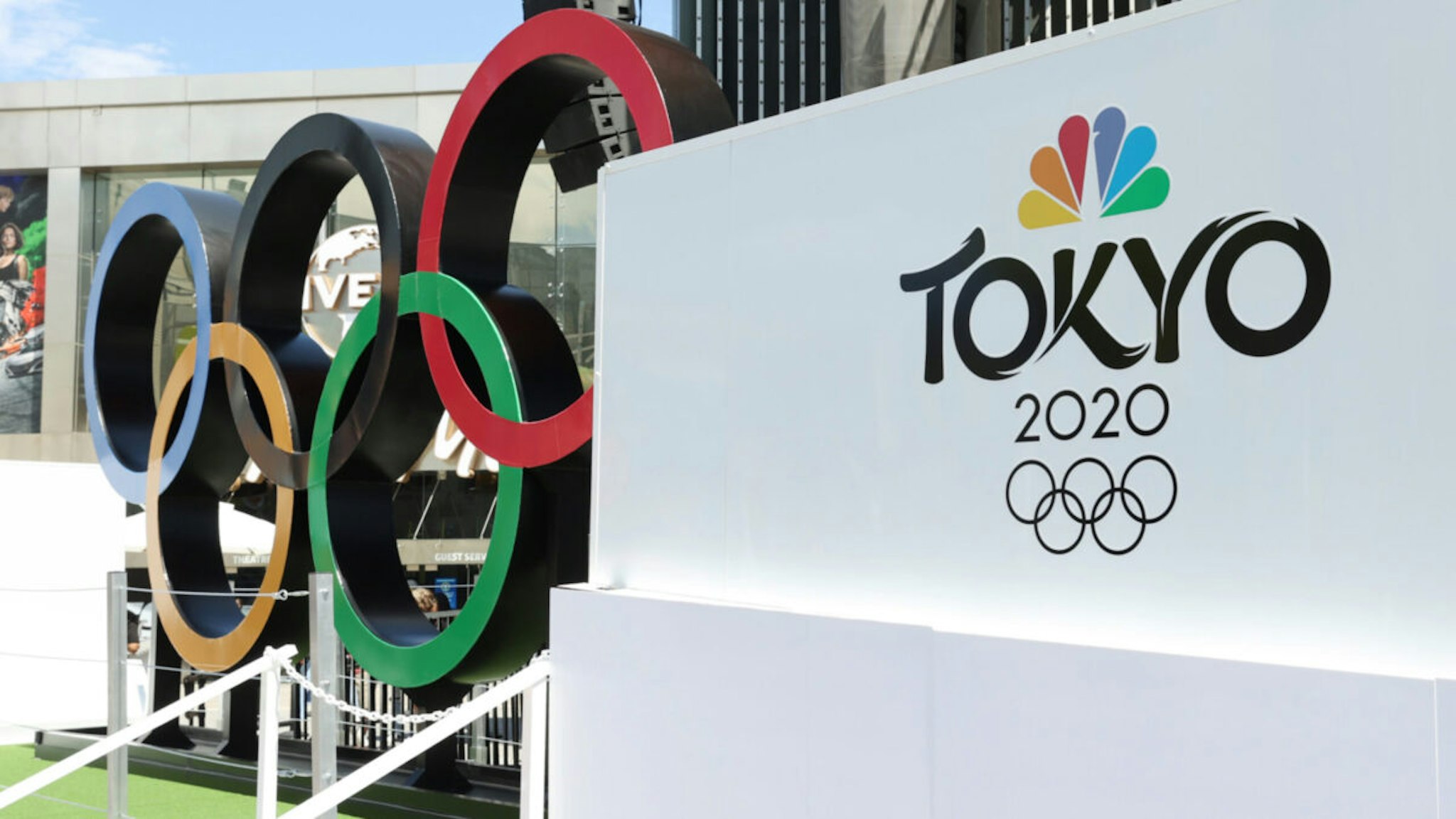 NBC Olympics launches "Rings Across America" Tour life-size set of iconic Olympic Rings at Universal Studios Hollywood on July 03, 2021 in Universal City, California.