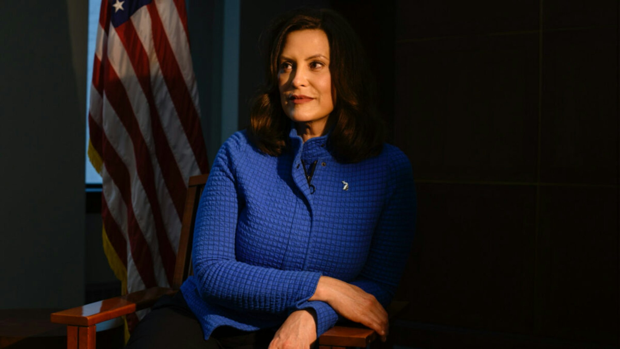 Michigan Governor Gretchen Whitmer at the Romney Building where her office is located in Lansing, Mich., on May 18, 2020.