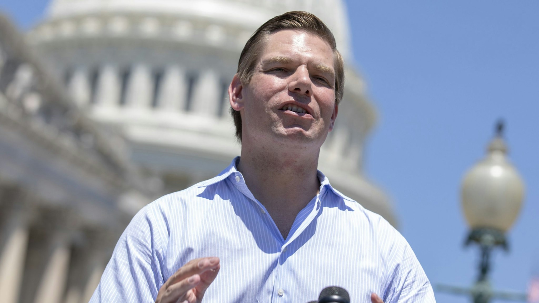 WASHINGTON, DC - JULY 10: Rep. Eric Swalwell (D-CA) speaks during a news conference regarding the separation of immigrant children at the U.S. Capitol on July 10, 2018 in Washington, DC. A court order issued June 26 set a deadline of July 10 to reunite the roughly 100 young children with their parents.