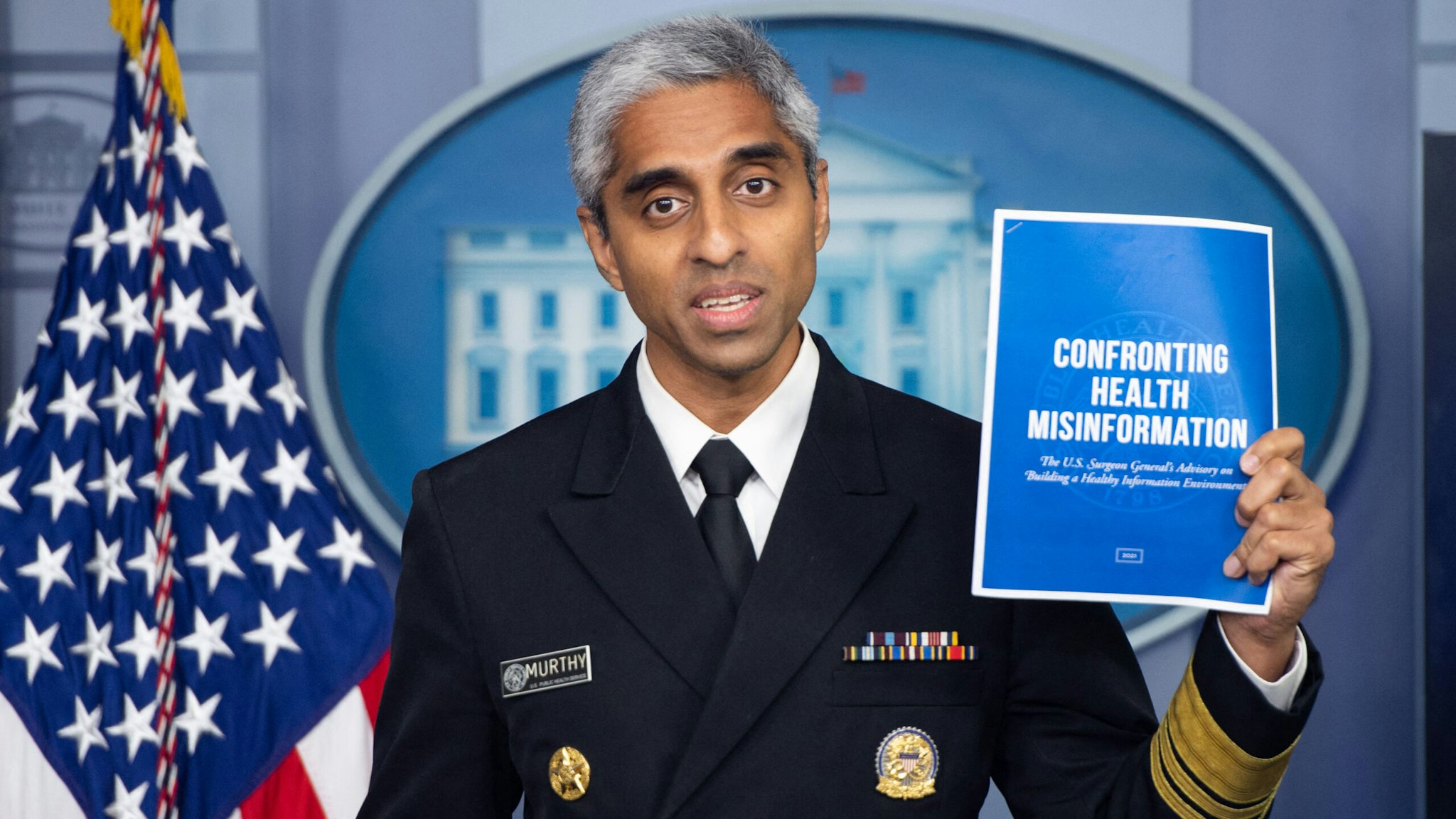 US Surgeon General Dr. Vivek H. Murthy speaks during a press briefing in the Brady Briefing Room of the White House in Washington, DC on July 15, 2021.