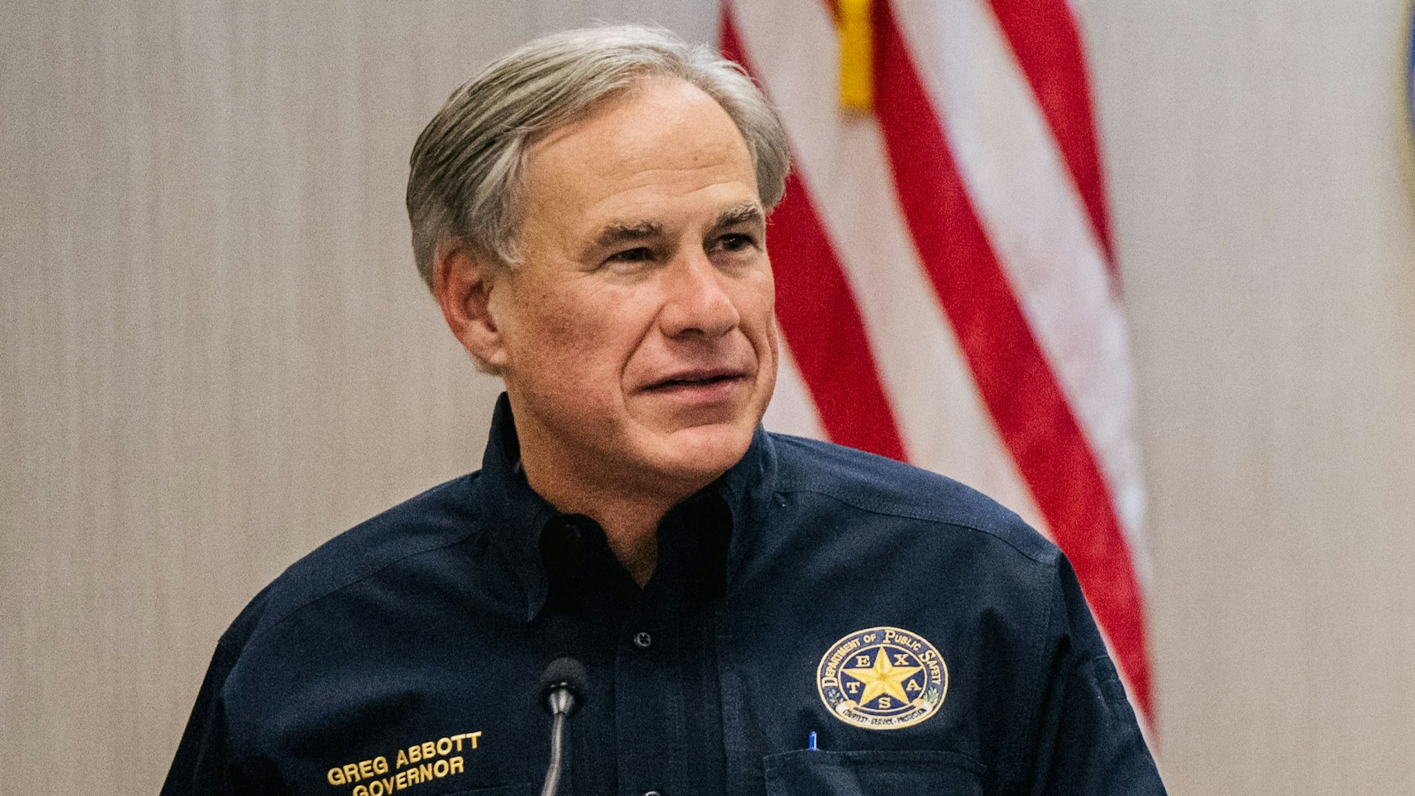 WESLACO, TEXAS - JUNE 30: Texas Gov. Greg Abbott addresses former President Donald Trump during a border security briefing to discuss further plans in securing the southern border wall on June 30, 2021 in Weslaco, Texas. Gov. Abbott has pledged to build a state-funded border wall between Texas and Mexico as a surge of mostly Central American immigrants crossing into the United States has challenged U.S. immigration agencies. So far in 2021, U.S. Border Patrol agents have apprehended more than 900,000 immigrants crossing into the United States on the southern border.