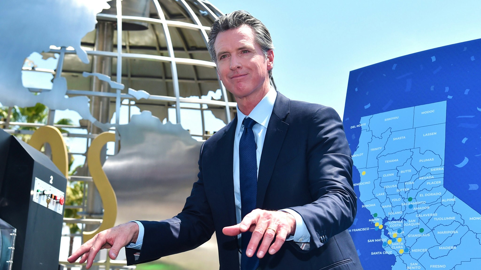 UNIVERSAL CITY, CALIFORNIA - JUNE 15: California Governor Gavin Newsom attends California Governor Gavin Newsom's press conference for the official reopening of the state of California at Universal Studios Hollywood on June 15, 2021 in Universal City, California.