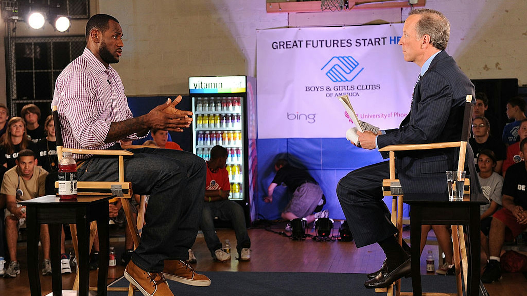 GREENWICH, CT - JULY 08: LeBron James and ESPN's Jim Gray speak at the LeBron James announcement of his future NBA plans at the Boys &amp; Girls Club of America on July 8, 2010 in Greenwich, Connecticut. (Photo by Larry Busacca/Getty Images for Estabrook Group)