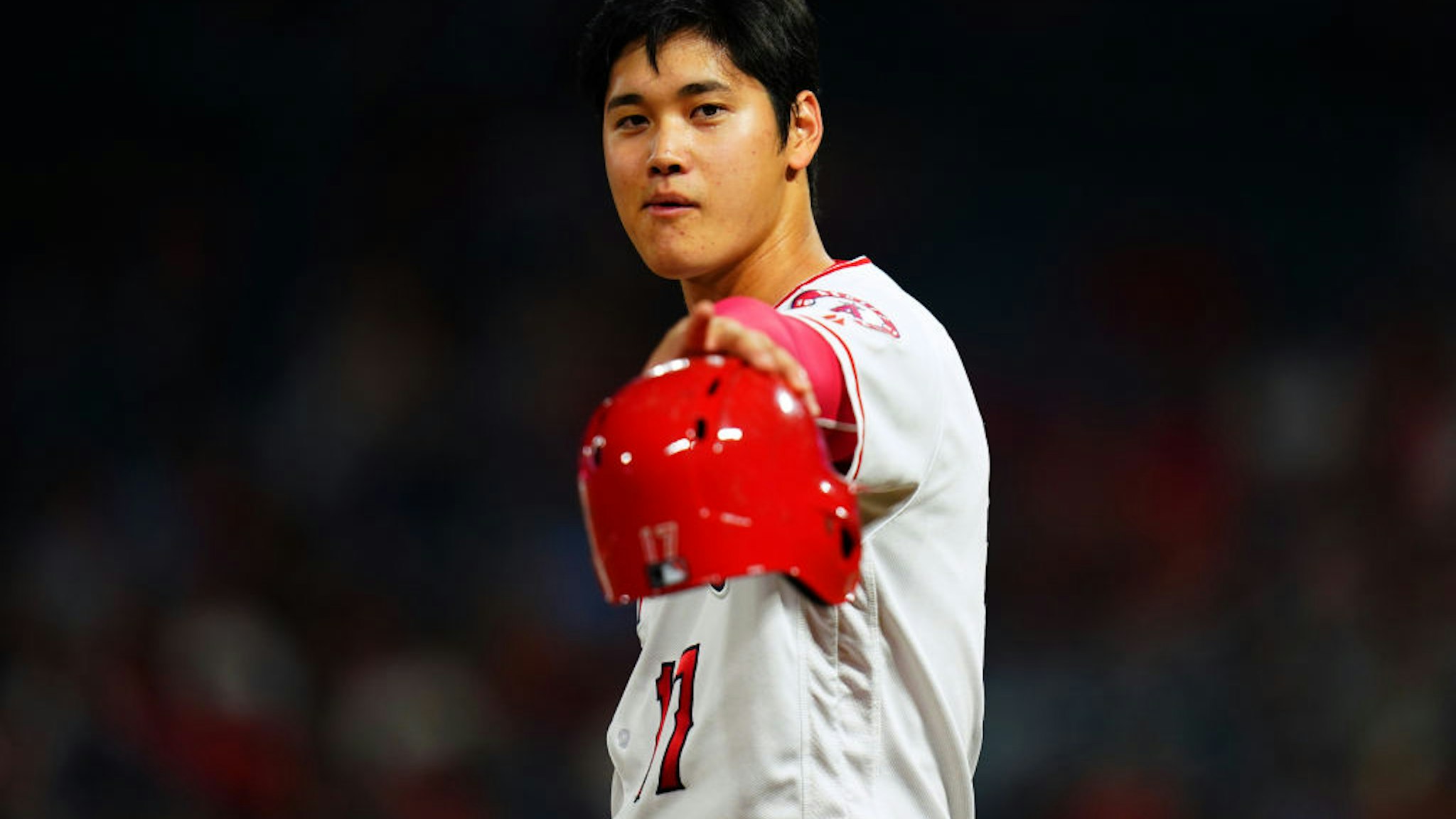 ANAHEIM, CA - SEPTEMBER 25: Shohei Ohtani #17 of the Los Angeles Angels of Anaheim looks on during the game against the Texas Rangers at Angel Stadium on September 25, 2018 in Anaheim, California. (Photo by Masterpress/Getty Images)