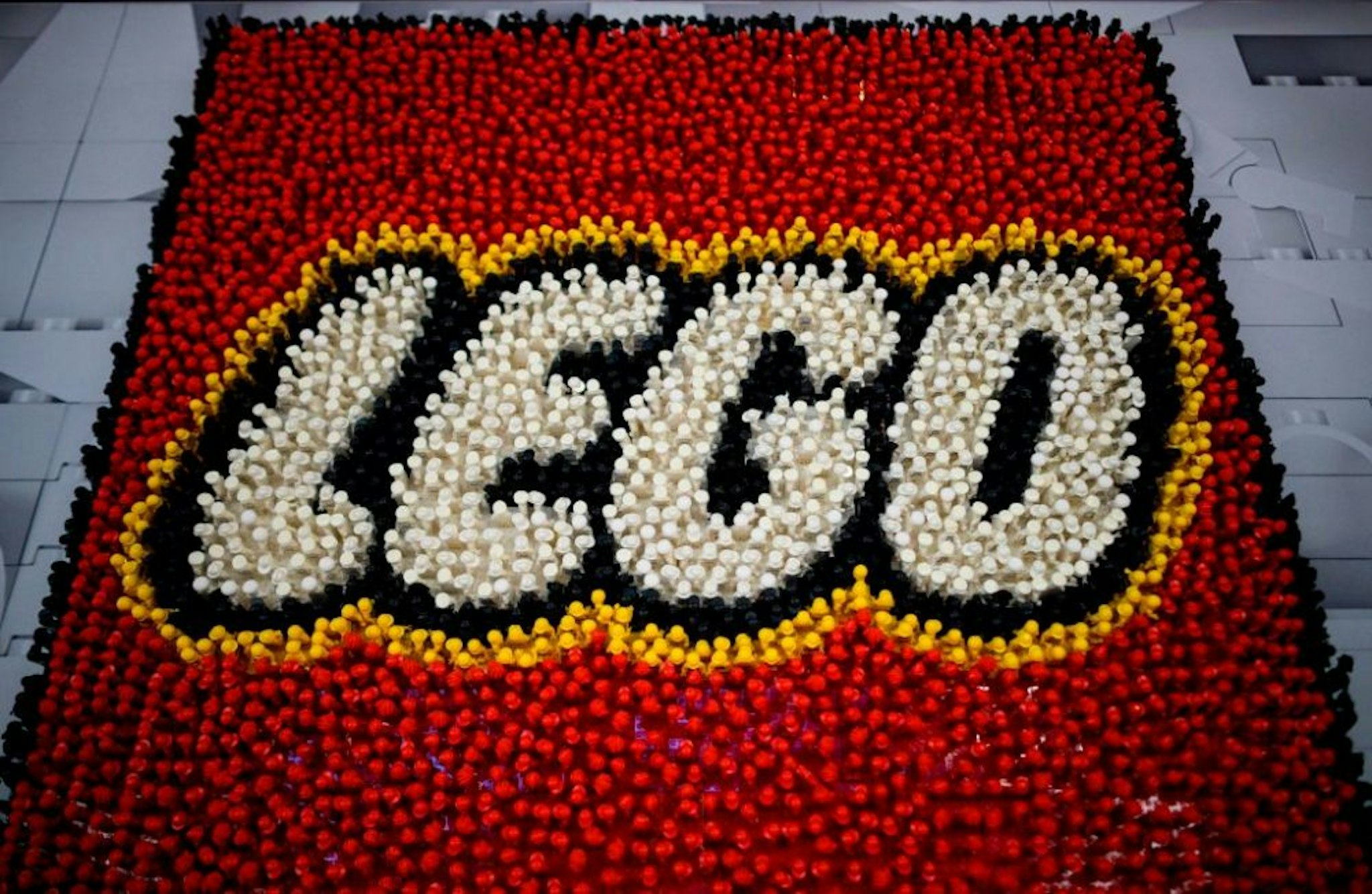 A Lego logo is pictured during the annual New York Toy Fair, at the Jacob K. Javits Convention Center on February 16, 2019 in New York City.