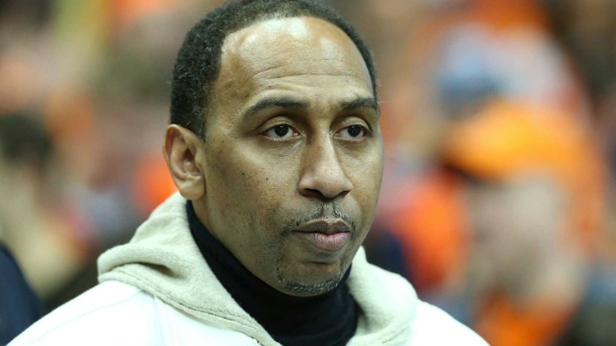 SYRACUSE, NY - FEBRUARY 23: ESPN host Stephen A. Smith looks on prior to the game between the Duke Blue Devils and the Syracuse Orange at the Carrier Dome on February 23, 2019 in Syracuse, New York. Duke defeated Syracuse 75-65. (Photo by Rich Barnes/Getty Images)