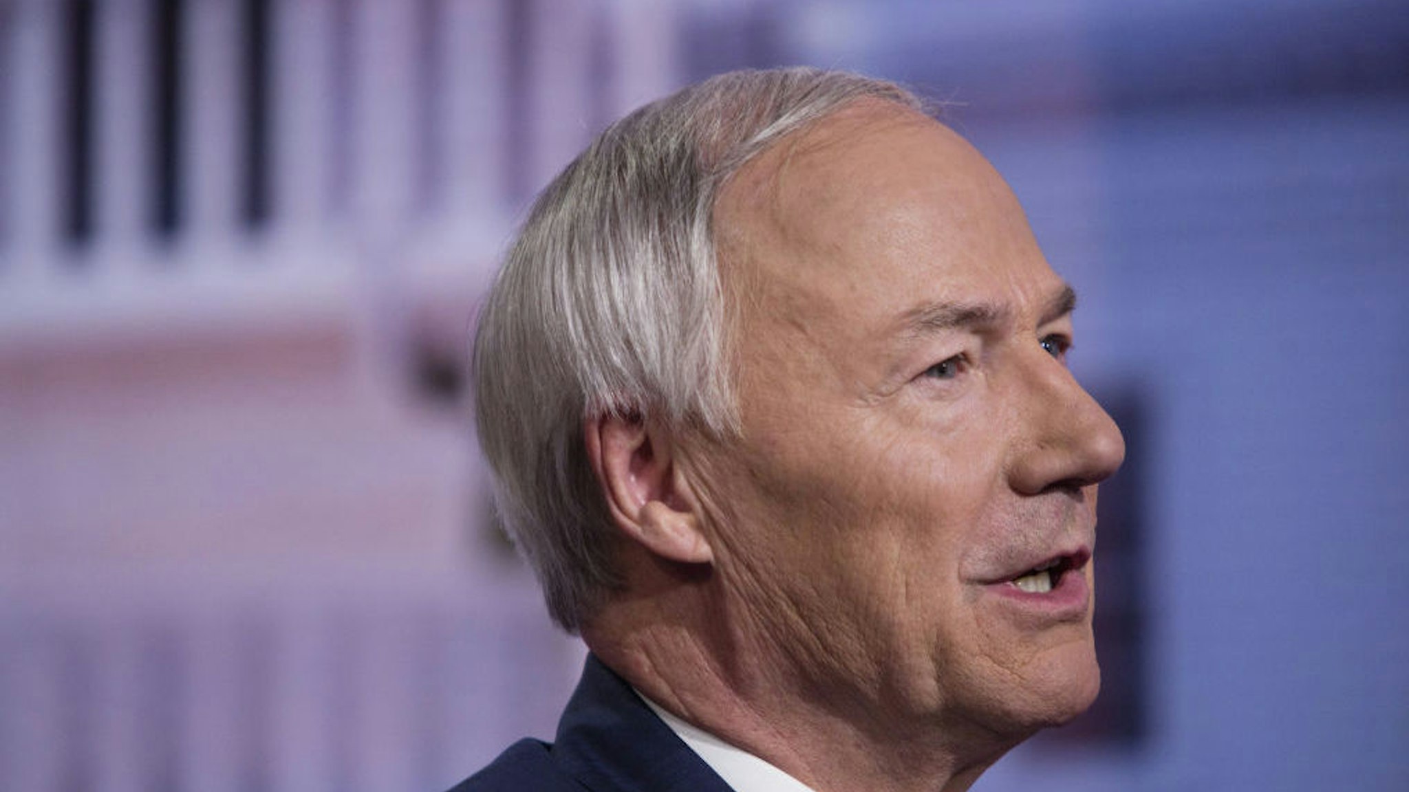 Asa Hutchinson, governor of Arkansas, speaks during a Bloomberg Television interview in New York, U.S., on Tuesday, May 28, 2019. Hutchinson discussed what Arkansas is doing to brace for more severe flooding in the state. Photographer: