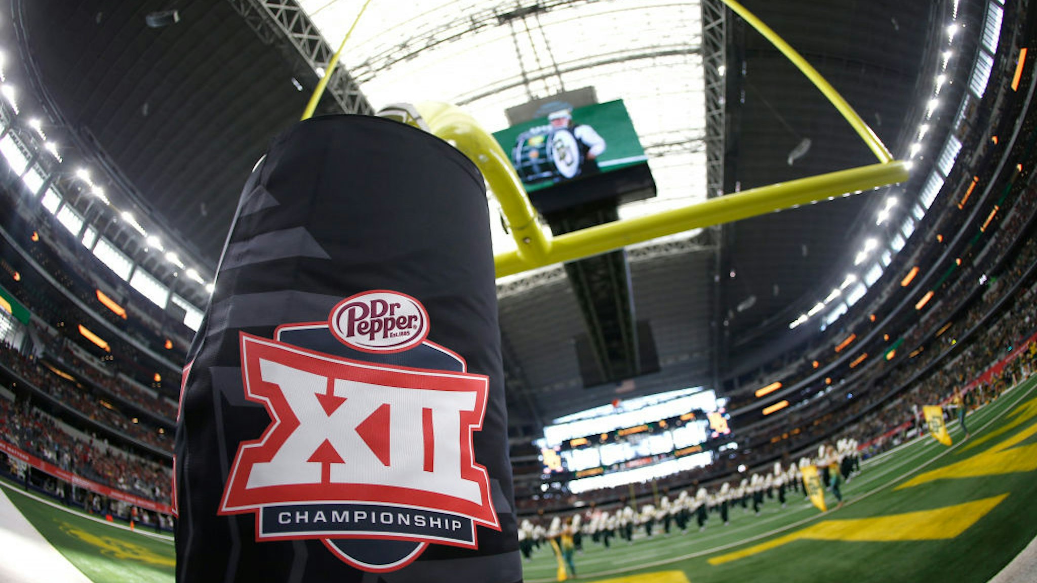 ARLINGTON, TX - DECEMBER 07, 2019 - Detail view of Big 12 logo as the Baylor Bears band plays on the field before Baylor plays the Oklahoma Sooners in the Big 12 Football Championship at AT&amp;T Stadium on December 7, 2019 in Arlington, Texas. (Photo by Ron Jenkins/Getty Images)