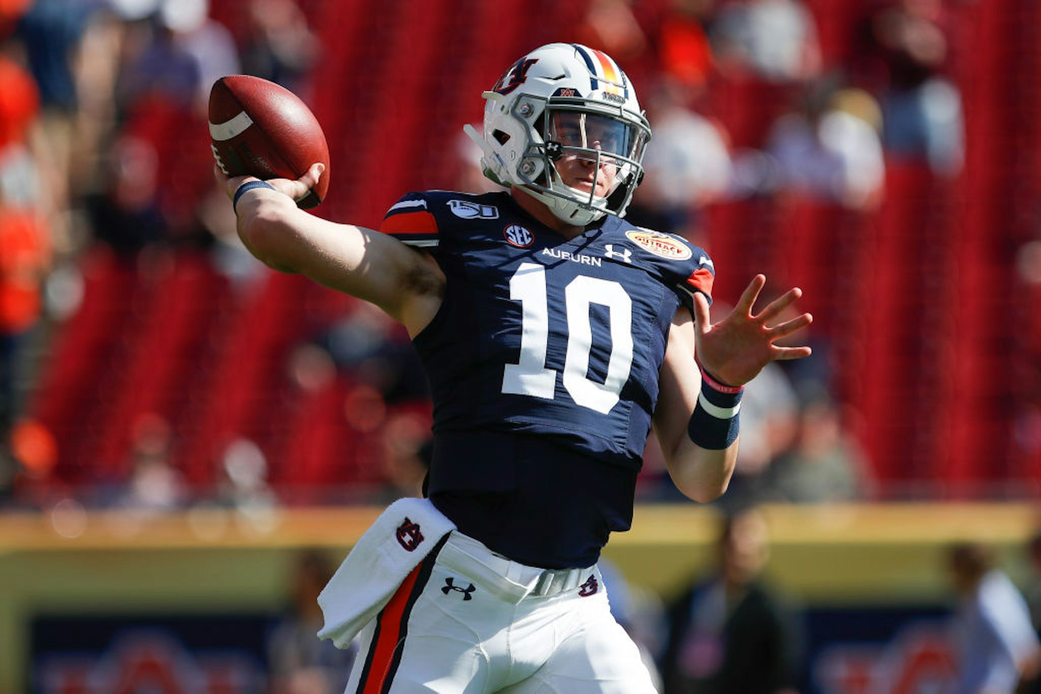 TAMPA, FL - JANUARY 01: Auburn Tigers quarterback Bo Nix (10) during the Outback Bowl between the Auburn Tigers and Minnesota Golden Gophers on January 01, 2020 at Raymond James Stadium in Tampa, FL. (Photo by Mark LoMoglio/Icon Sportswire via Getty Images)