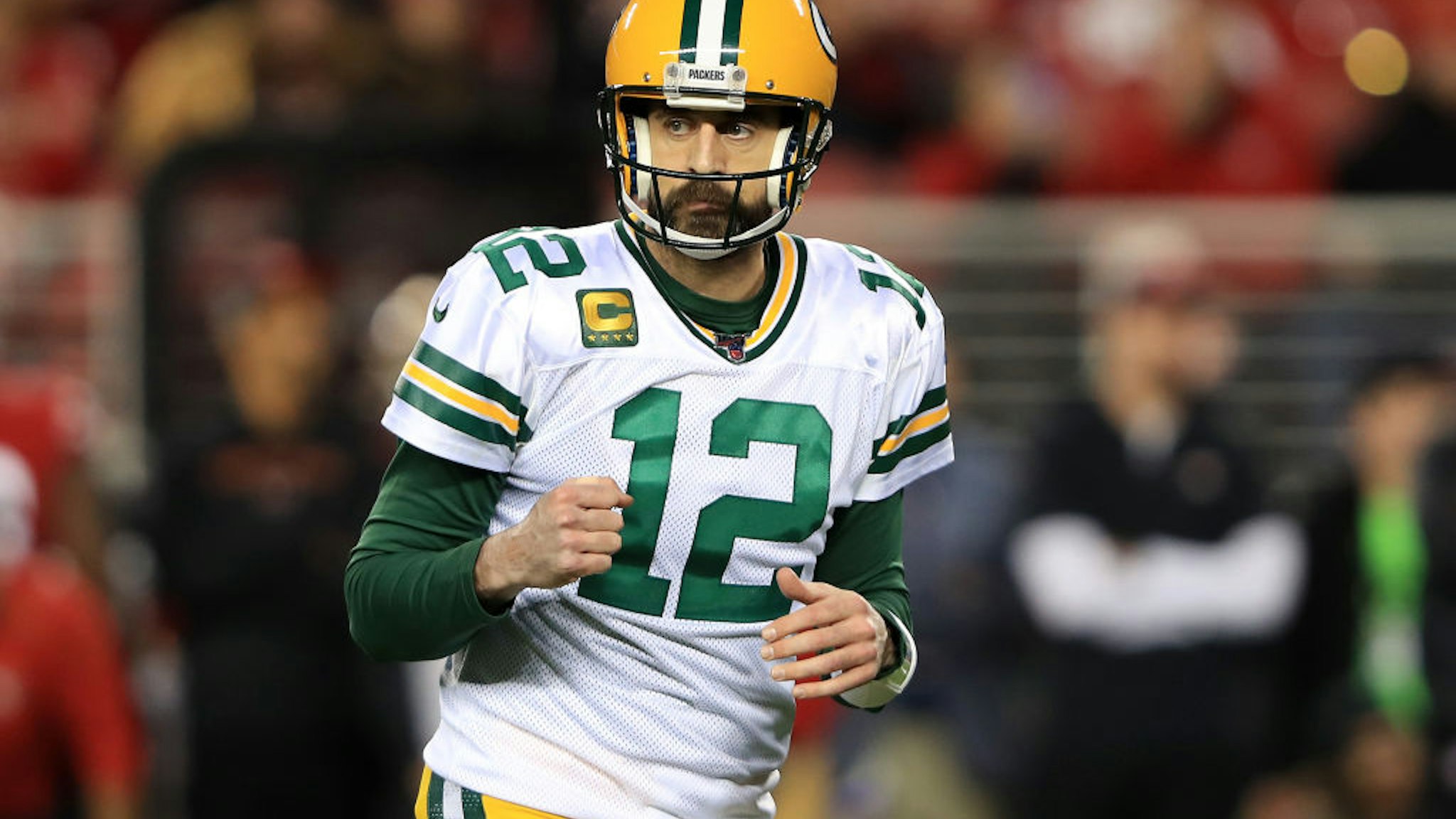 SANTA CLARA, CALIFORNIA - JANUARY 19: Aaron Rodgers #12 of the Green Bay Packers celebrates a touchdown against the San Francisco 49ers during the second half of the NFC Championship game at Levi's Stadium on January 19, 2020 in Santa Clara, California. (Photo by Sean M. Haffey/Getty Images)