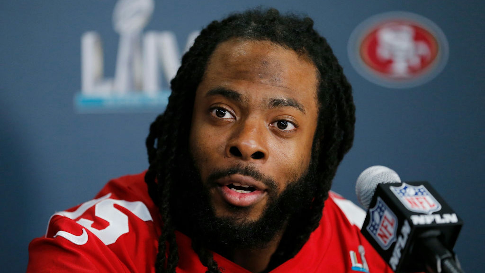 MIAMI, FLORIDA - JANUARY 30: Richard Sherman #25 of the San Francisco 49ers speaks to the media during the San Francisco 49ers media availability prior to Super Bowl LIV at the James L. Knight Center on January 30, 2020 in Miami, Florida. (Photo by Michael Reaves/Getty Images)