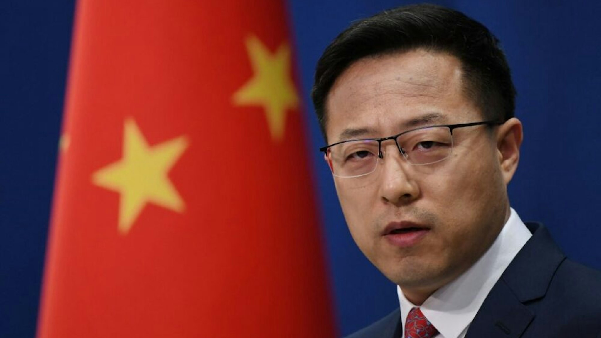 Chinese Foreign Ministry spokesman Zhao Lijian speaks at the daily media briefing in Beijing on April 8, 2020.