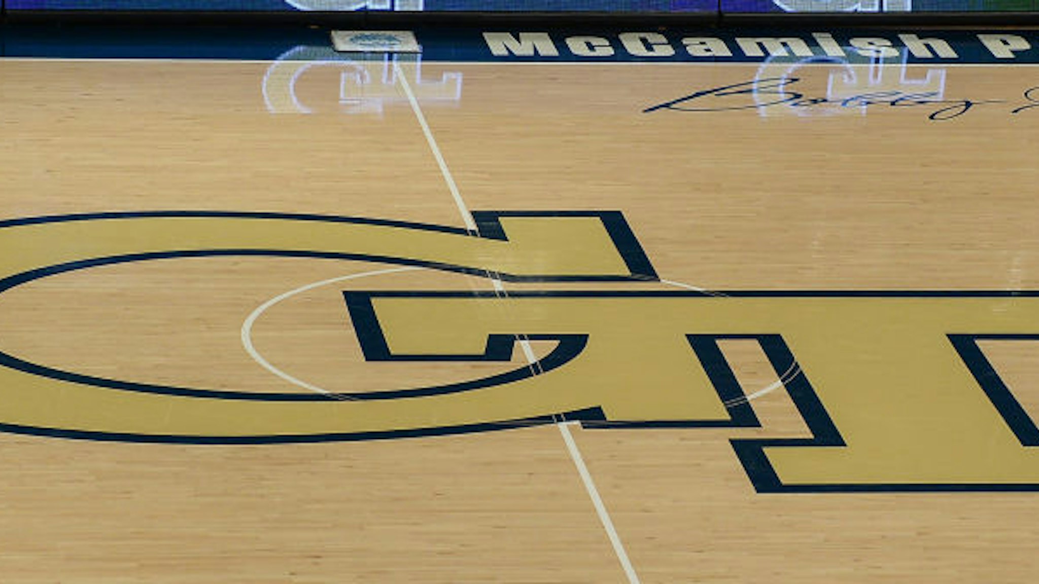 A shot of the Georgia Tech logo during the NCAA basketball game between the North Carolina Tar Heels and the Georgia Tech Yellow Jackets on December 30th, 2020 at Hank McCamish Pavilion in Atlanta, GA.