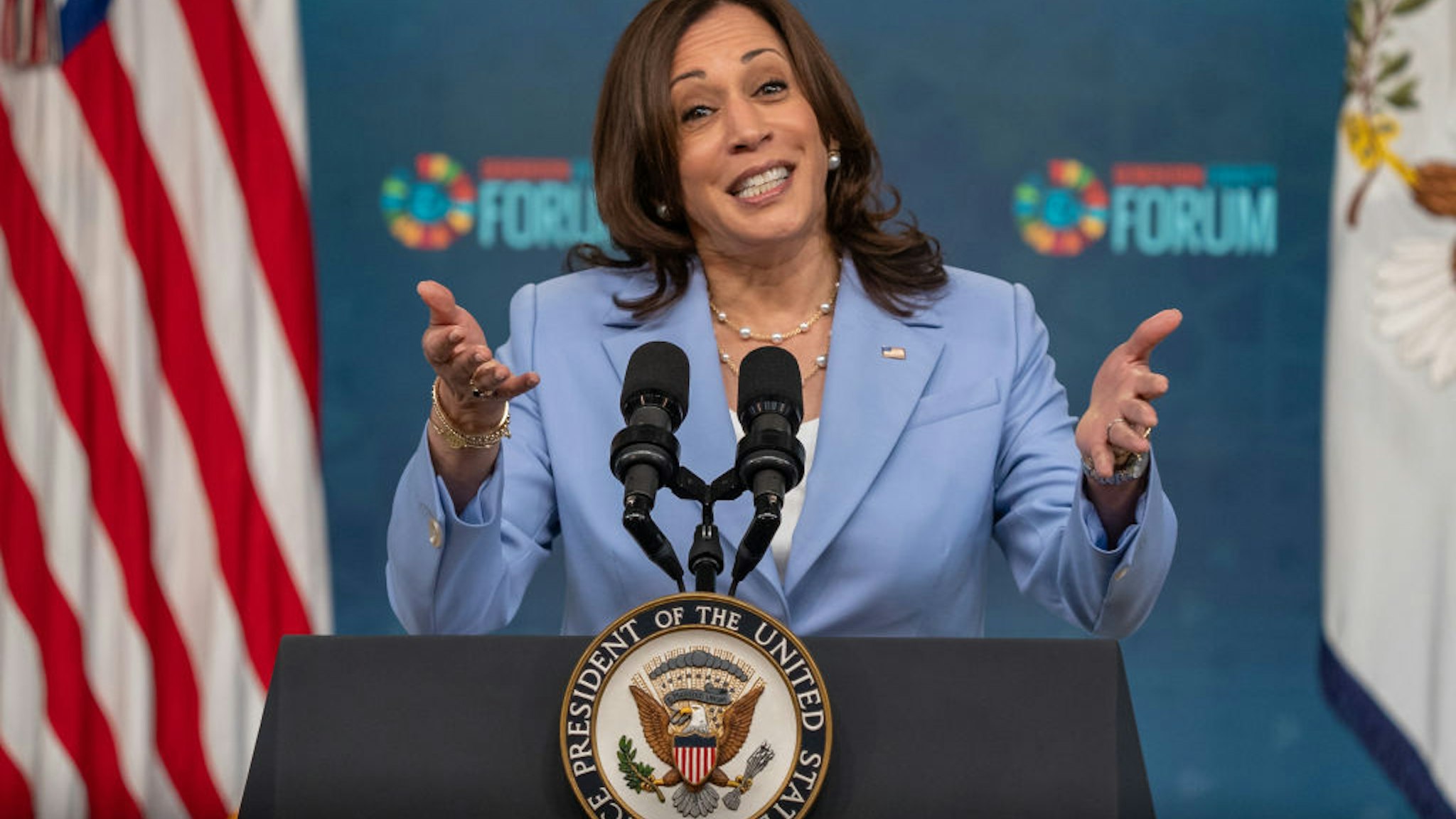 U.S. Vice President Harris speaks during the Generation Equality Forum in the Eisenhower Executive Office Building in Washington, D.C., U.S., on Wednesday, June 30, 2021.