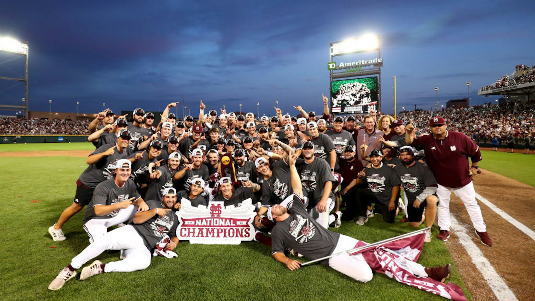 OMAHA, NE - JUNE 30: The Mississippi State Bulldogs celebrate after defeating the Vanderbilt Commodores during the Division I Men's Baseball Championship held at TD Ameritrade Park Omaha on June 30, 2021 in Omaha, Nebraska. (Photo by Jamie Schwaberow/NCAA Photos via Getty Images)