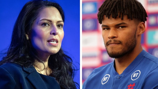 Undated file photos of Priti Patel and Tyrone Mings. The England footballer has hit out at the Home Secretary in her condemnation of the racist abuse faced by his teammates, after she previously said players taking the knee was "gesture politics". Issue date: Tuesday July 13, 2021.