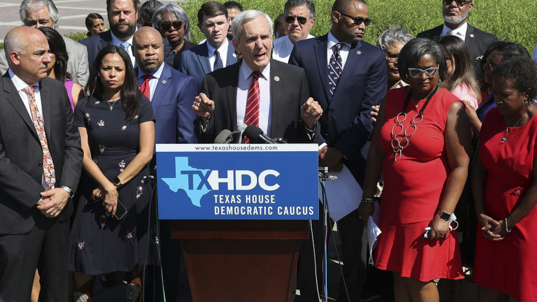 Representative Lloyd Doggett, a Democrat from Texas, center, speaks at a news conference outside the U.S. Capitol in Washington, D.C., U.S., on Tuesday, July 13, 2021.