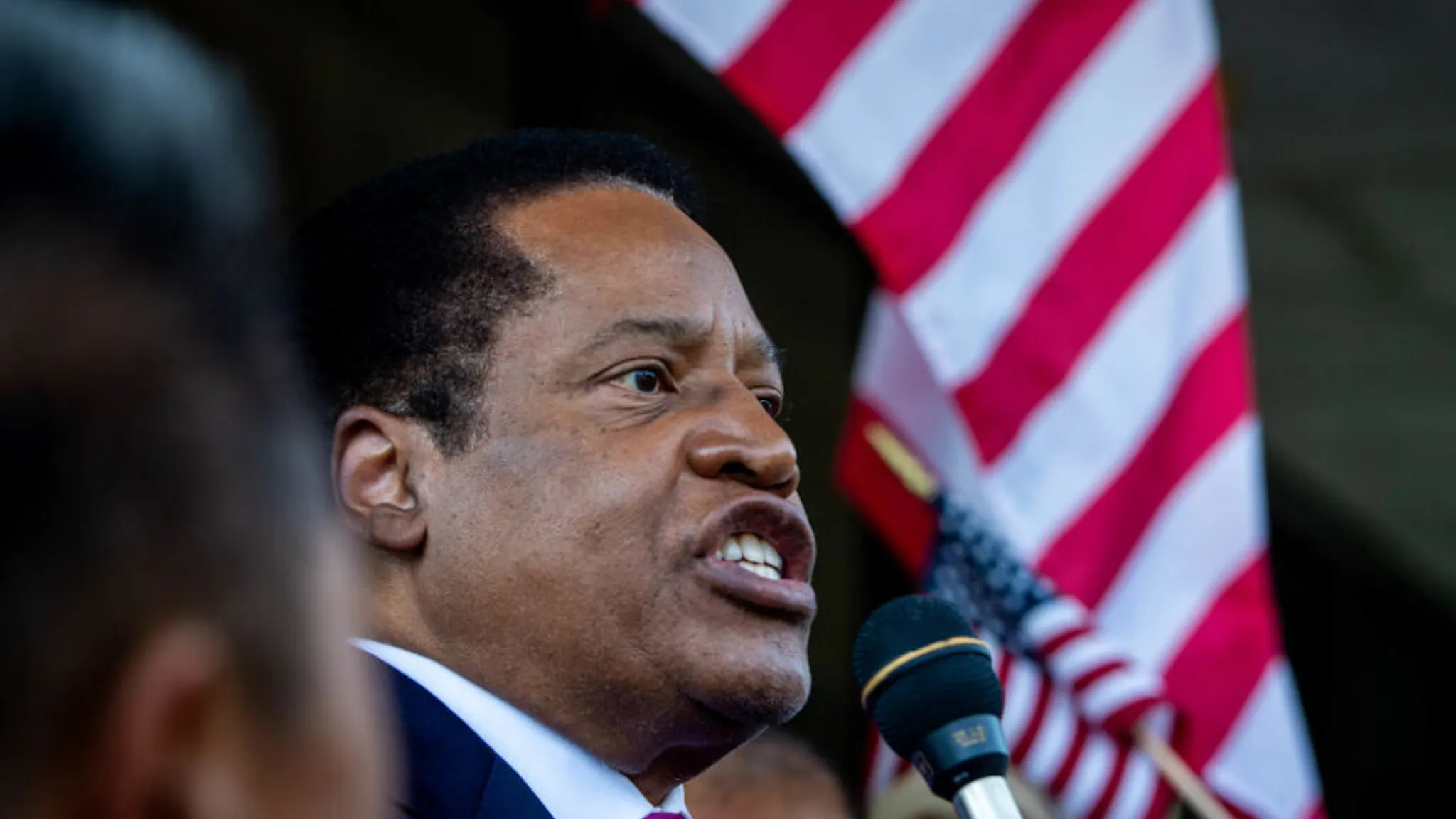 Larry Elder Norwalk, CA - July 13:Larry Elder speaks to supporters as he enters the race for California governor in the recall election at the Norwalk Registrar of Voters on Tuesday, July 13, 2021.