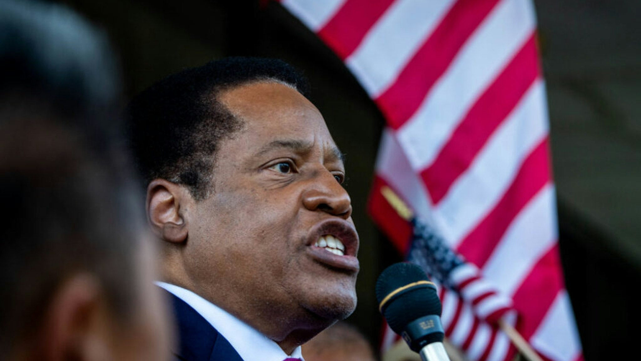 Norwalk, CA - July 13:Larry Elder speaks to supporters as he enters the race for California governor in the recall election at the Norwalk Registrar of Voters on Tuesday, July 13, 2021.