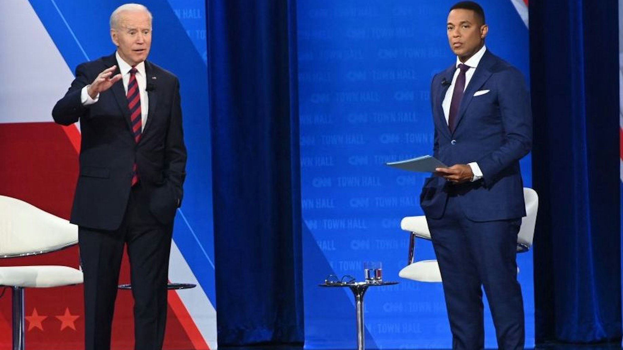 US President Joe Biden participates in a CNN Town Hall hosted by Don Lemon (R) at Mount St. Joseph University in Cincinnati, Ohio, July 21, 2021. (Photo by SAUL LOEB / AFP) (Photo by SAUL LOEB/AFP via Getty Images)