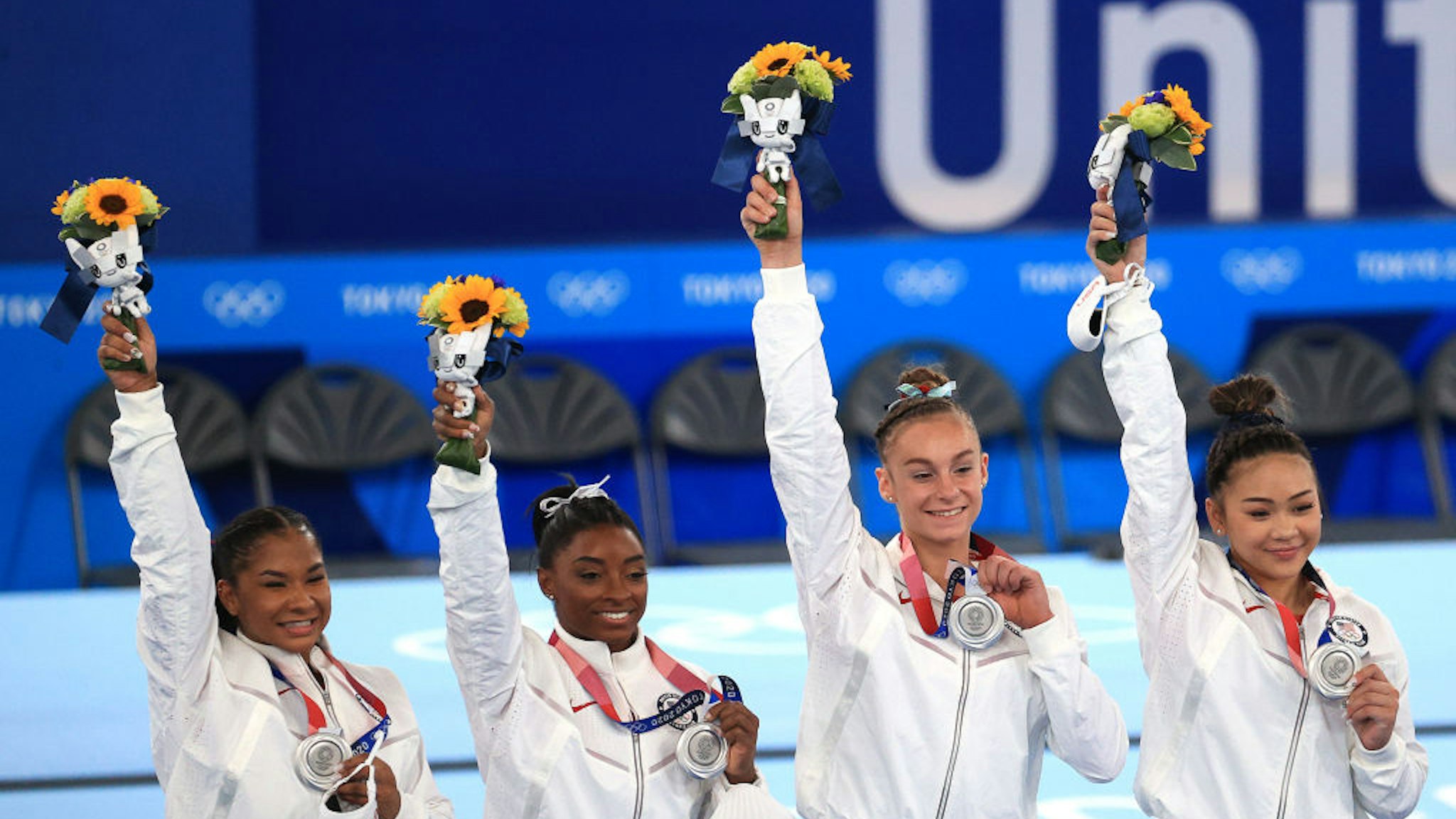 TOKYO, JAPAN JULY 27, 2021: Silver medallists Simone Biles, Jordan Chiles, Grace McCallum, and Sunisa Lee (L-R) of the United States pose at a victory ceremony for the women's artistic gymnastics team all-around event at the 2020 Summer Olympic Games, at the Ariake Gymnastics Centre. Sergei Bobylev/TASS (Photo by Sergei BobylevTASS via Getty Images)